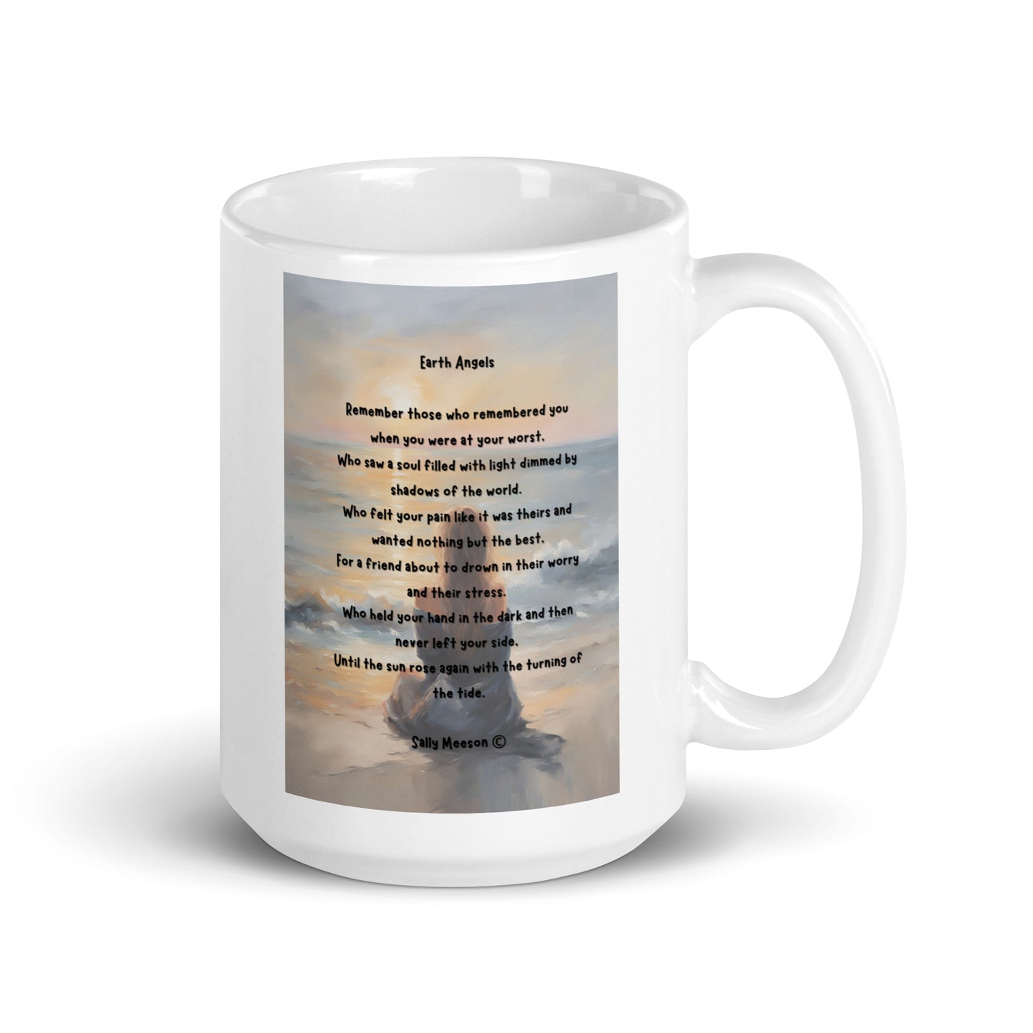 'Earth Angels' white glossy mug with impressionist oil style artwork and original poem by writer Sally Meeson