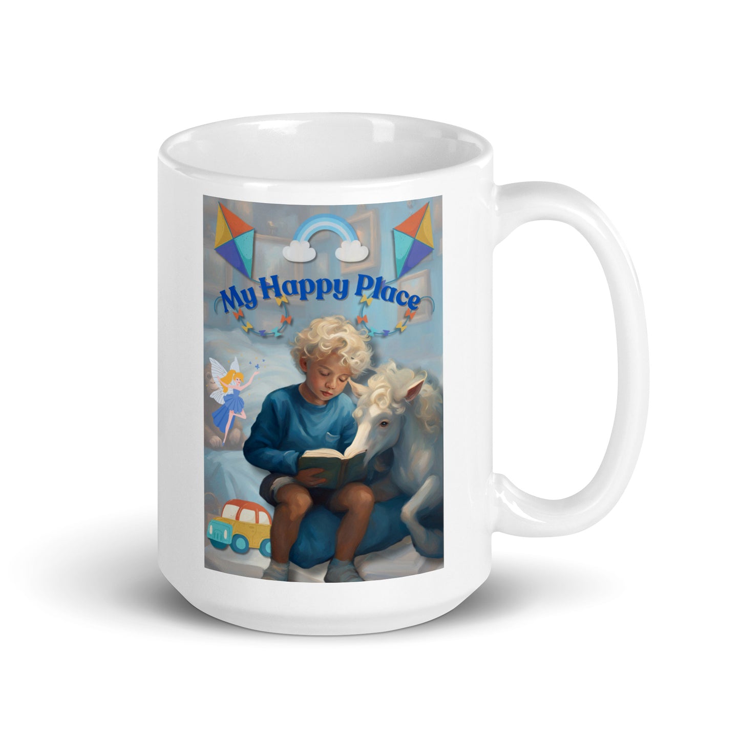 'My Happy Place' child's white glossy mug with blue impressionist oil style artwork