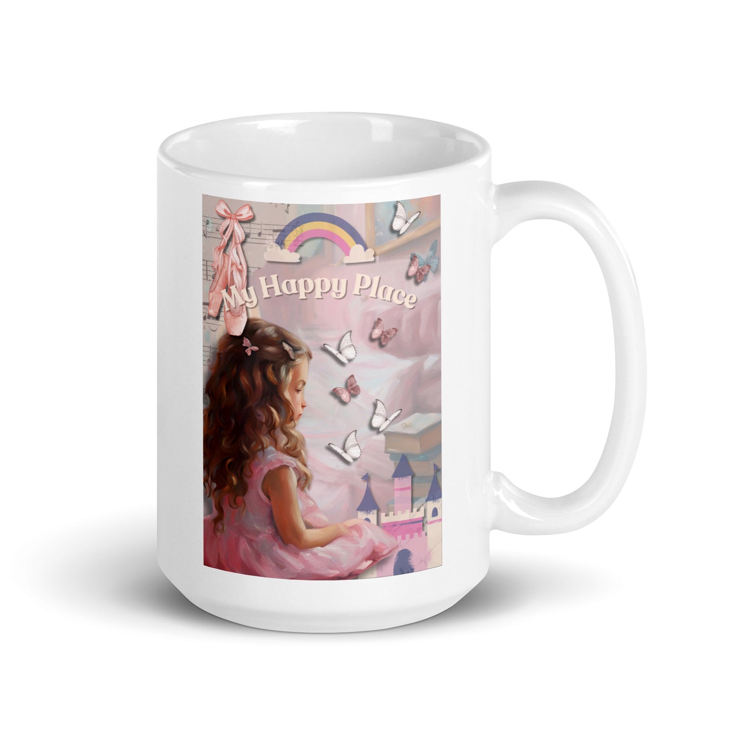 'My Happy Place' white glossy mug with pink impressionist oil style artwork