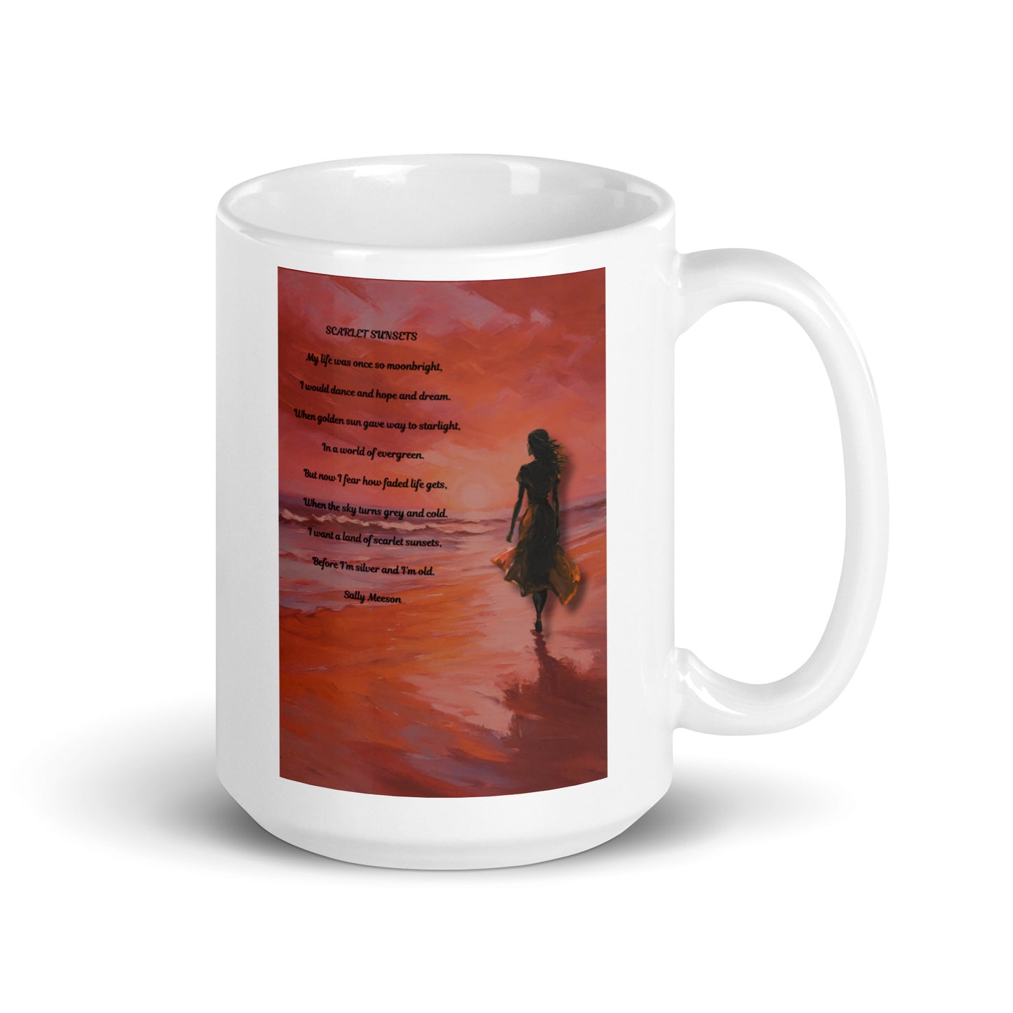 'Scarlet Sunsets' white glossy mug with impressionist style artwork and original poem by writer Sally Meeson