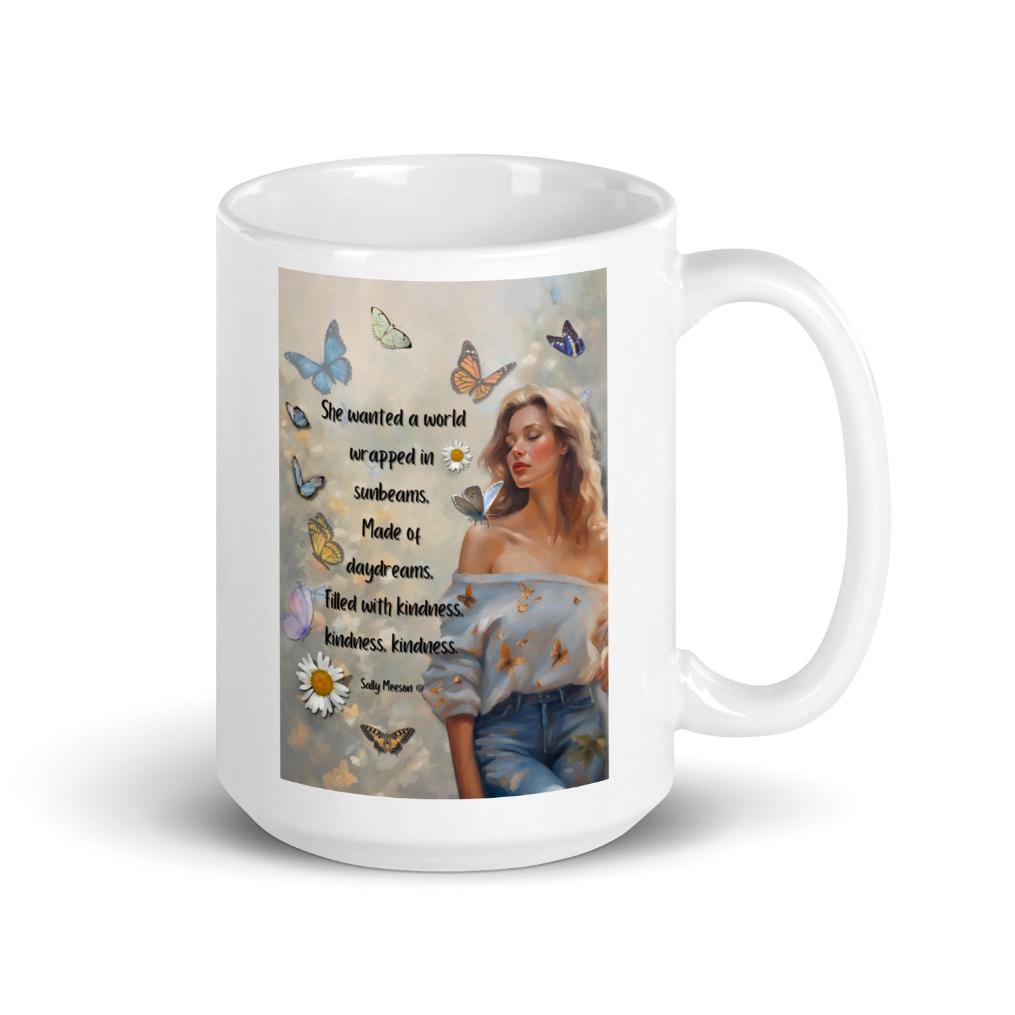 'Kindness' white glossy mug with impressionist oil style artwork and quote by writer Sally Meeson