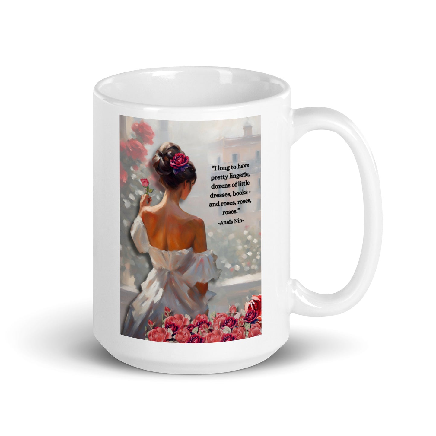 'Roses' white glossy mug with impressionist style artwork and quote by diarist Anaïs Nin