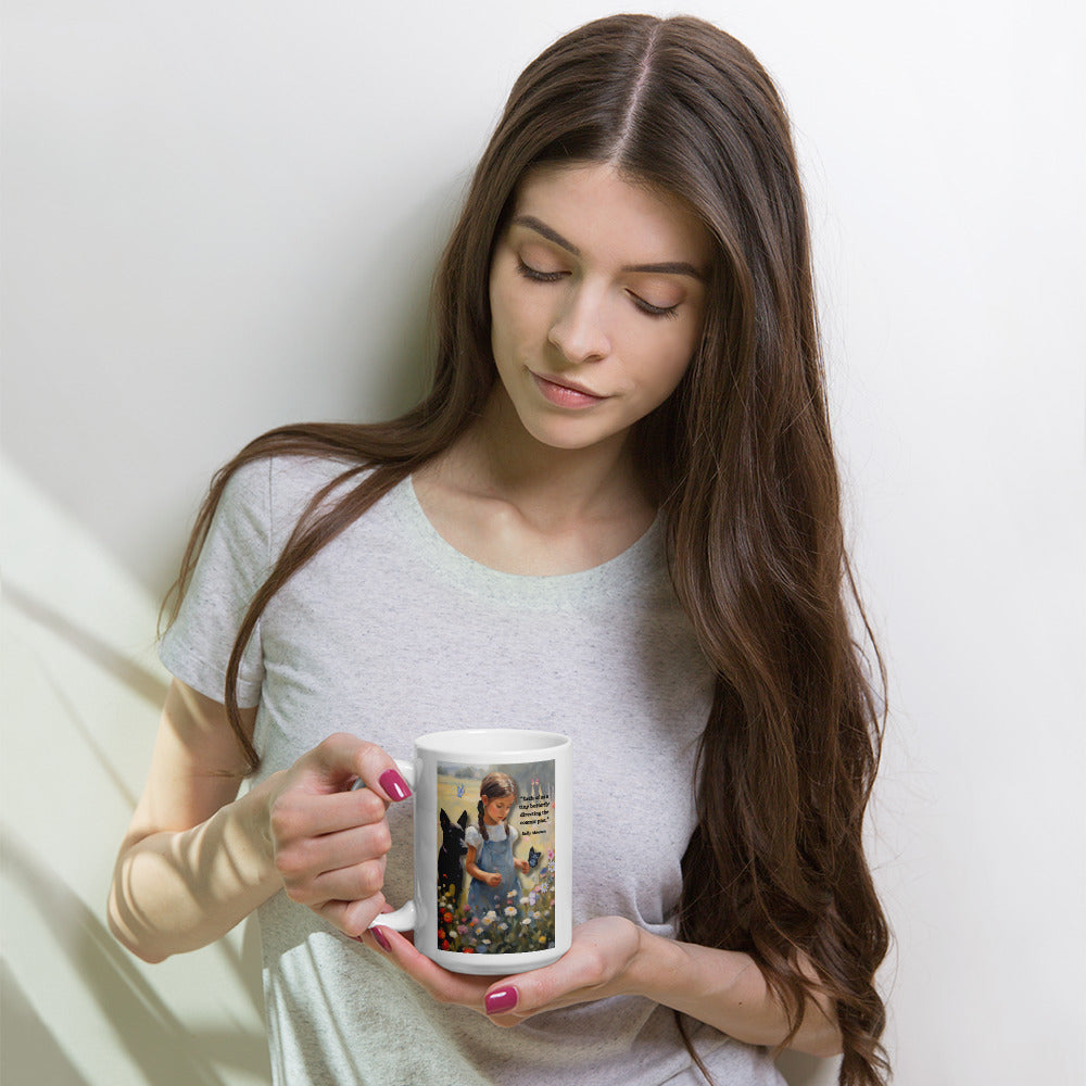 'Tiny Butterfly' white glossy mug with impressionist oil style artwork and quote by writer Sally Meeson