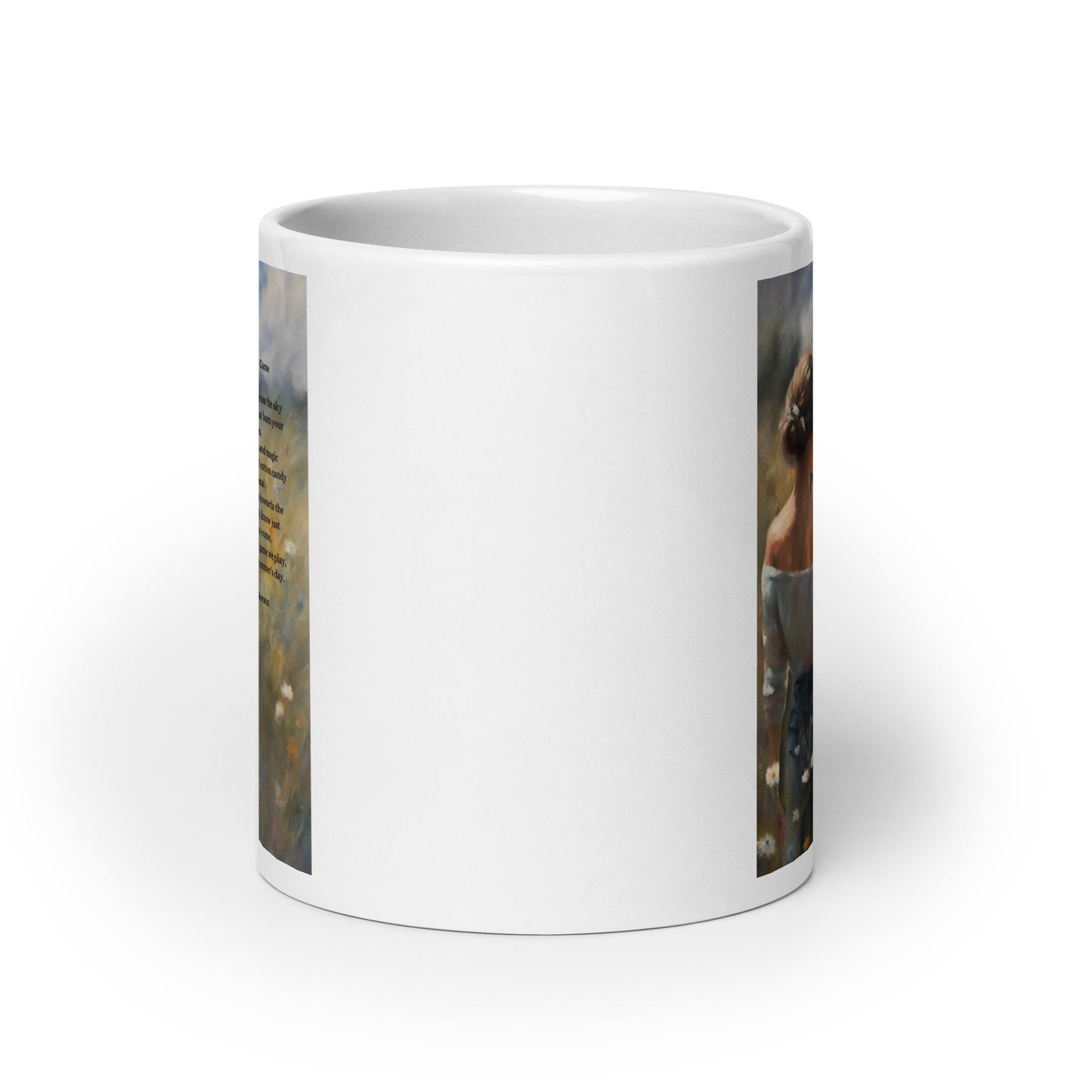 'A Fragile Game' white glossy mug with impressionist style artwork and original poem by writer Sally Meeson