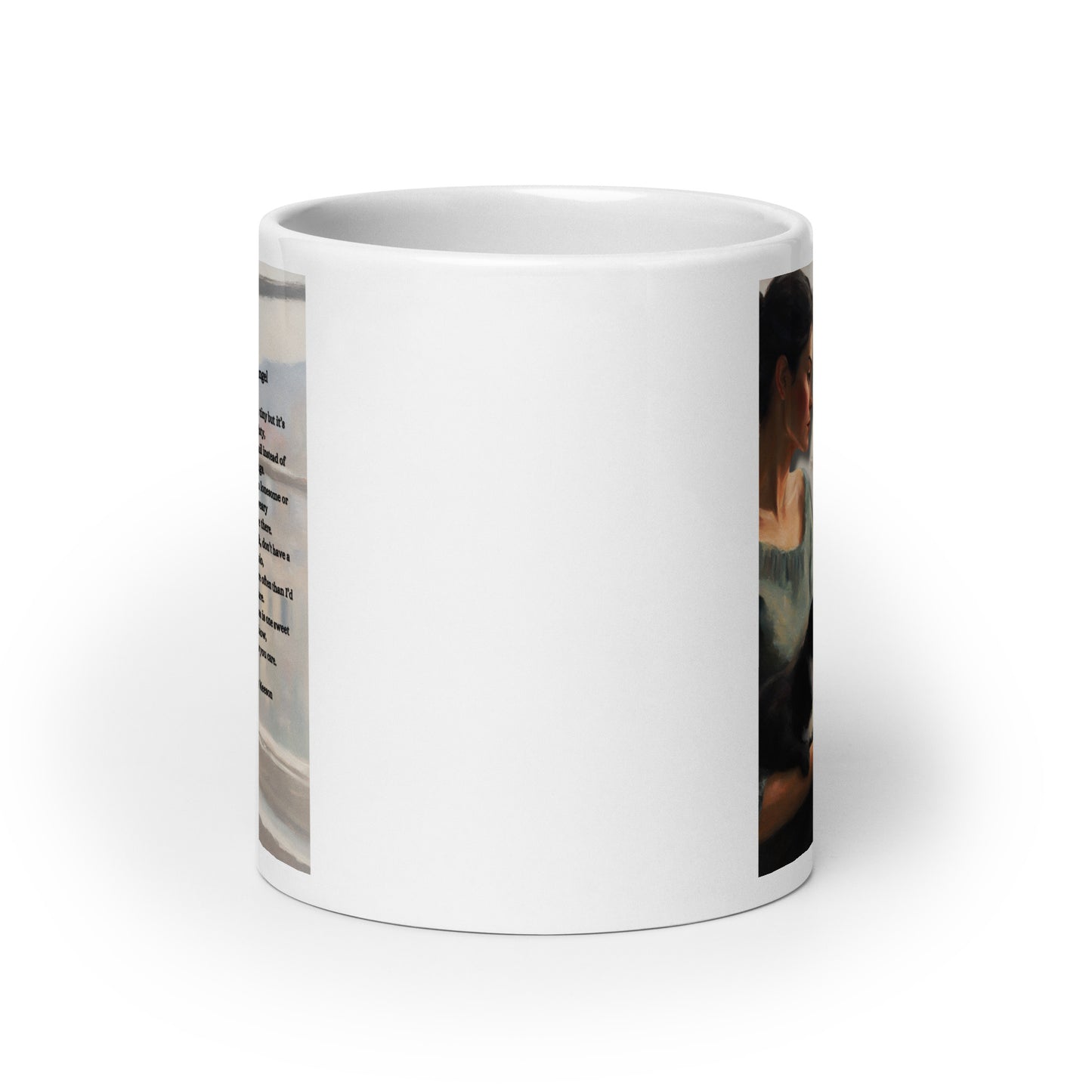 'Fur Angel' white glossy mug with impressionist oil style artwork and original poem by writer Sally Meeson