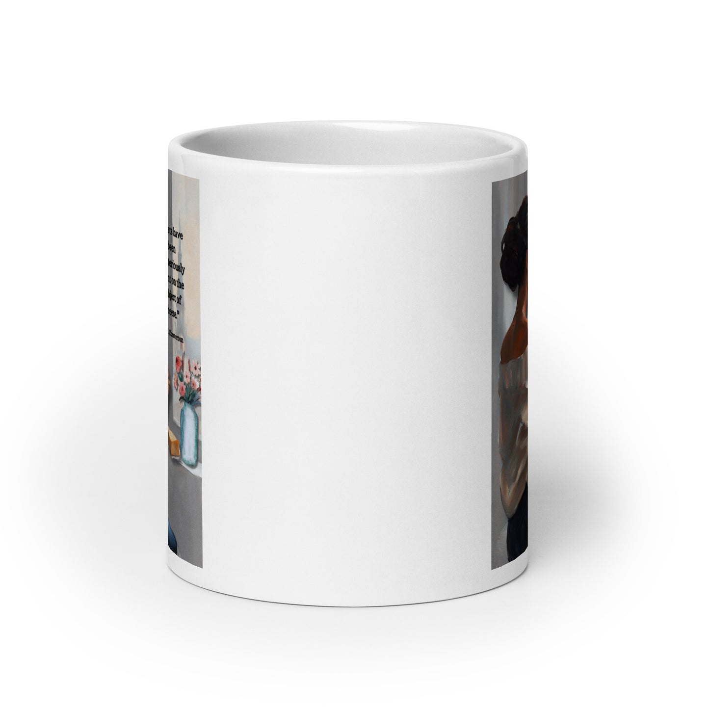 'Cheese' white glossy mug with impressionist style artwork and quote by author G.K. Chesterton