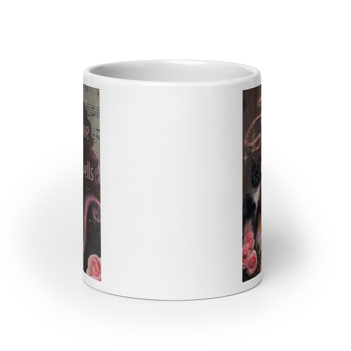 'Love Spells' white glossy mug with impressionist oil style artwork