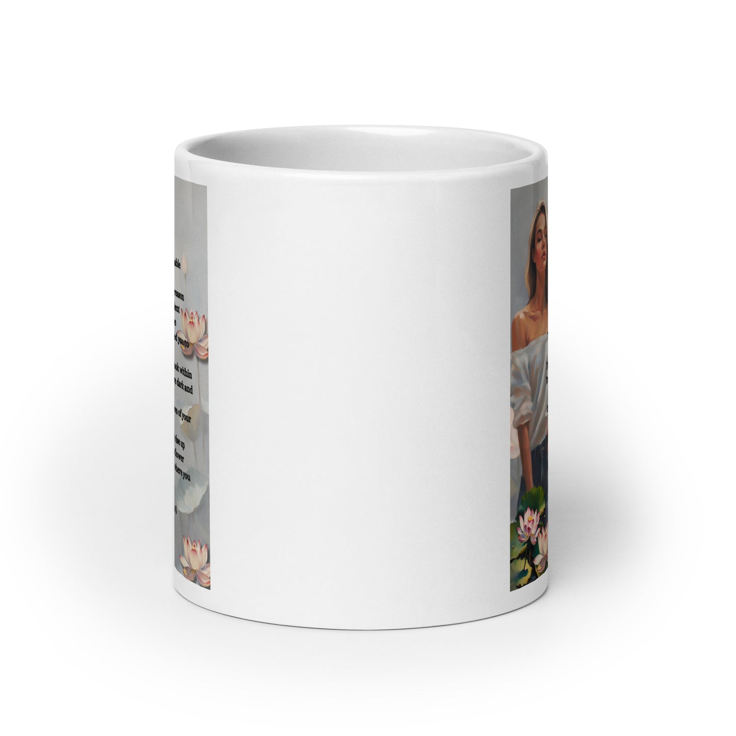 'Lotus Flower' white glossy mug with impressionist style artwork and original poem by writer Sally Meeson