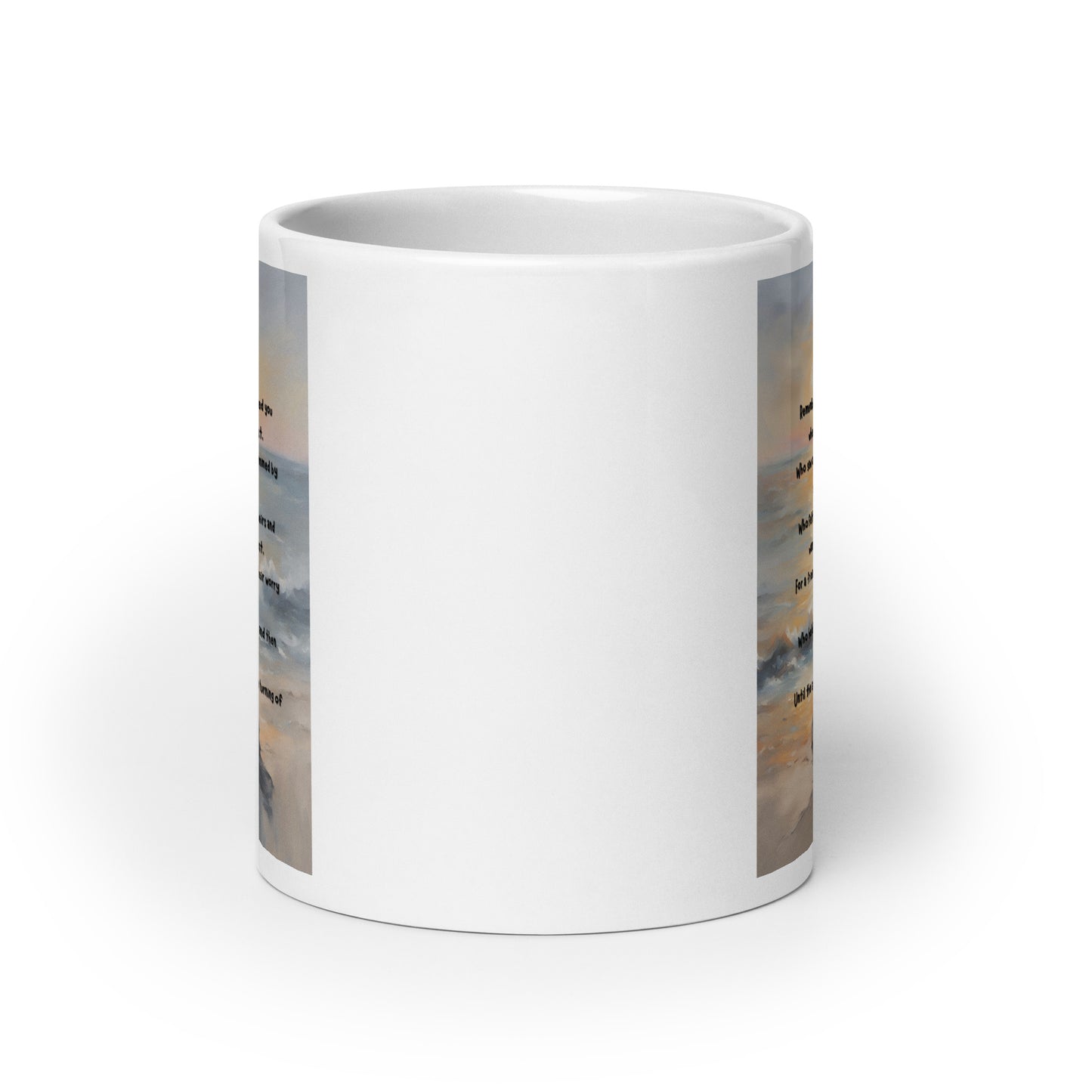 'Earth Angels' white glossy mug with impressionist oil style artwork and original poem by writer Sally Meeson