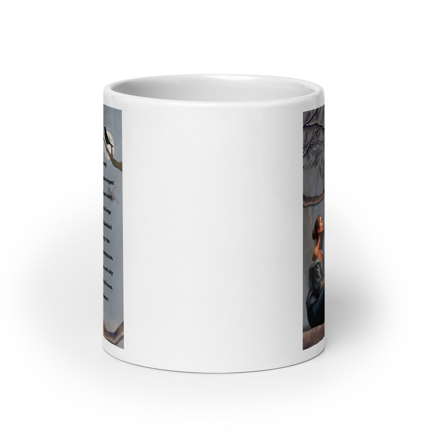 'Sweet Song' white glossy mug with impressionist oil style artwork and original poem by writer Sally Meeson