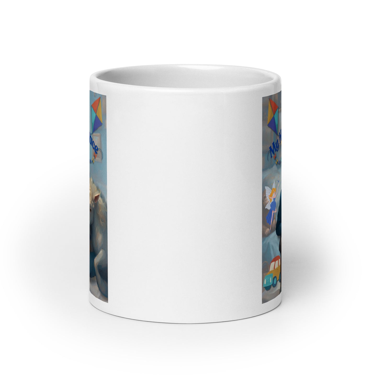 'My Happy Place' child's white glossy mug with blue impressionist oil style artwork