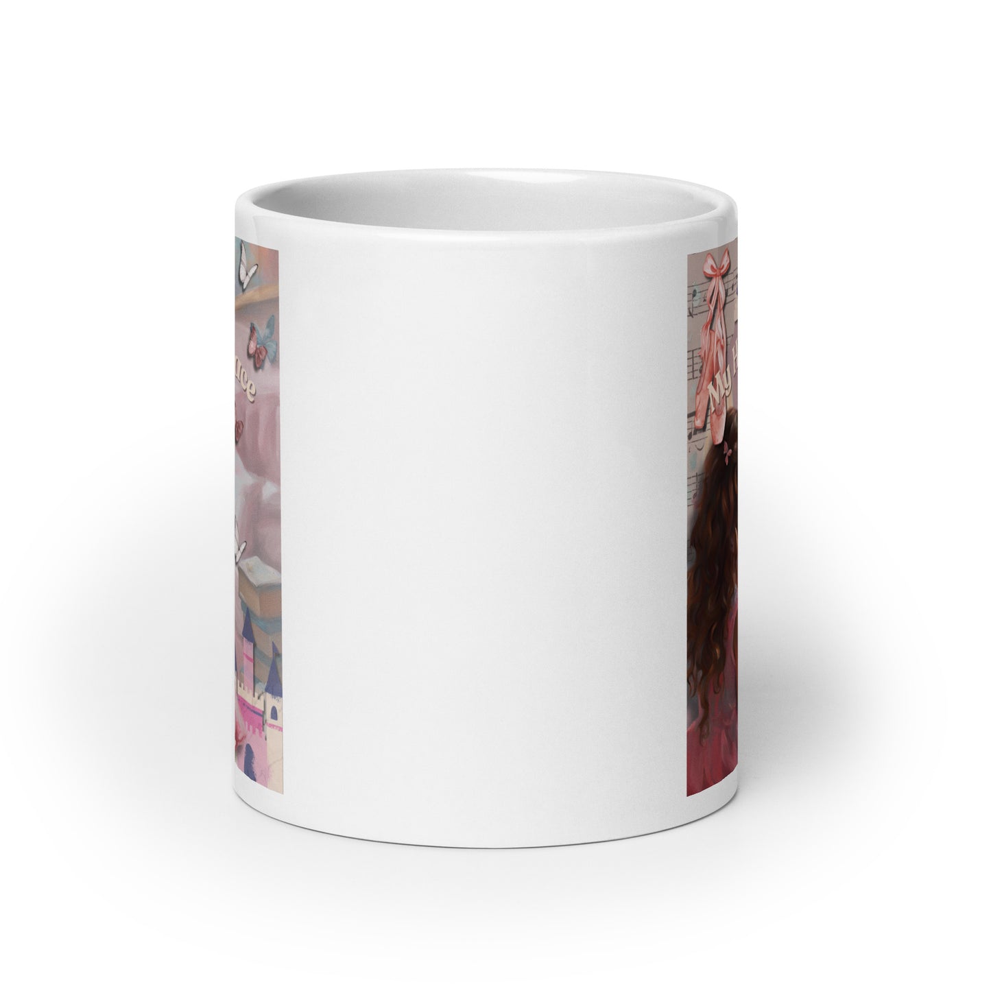 'My Happy Place' white glossy mug with pink impressionist oil style artwork