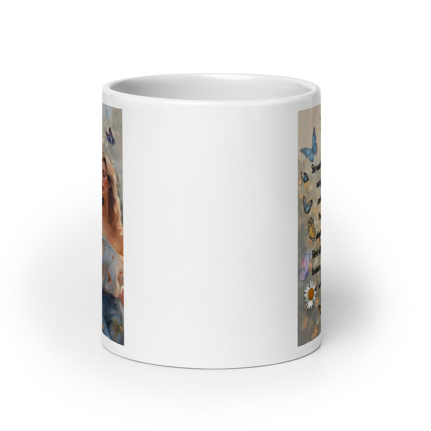 'Kindness' white glossy mug with impressionist oil style artwork and quote by writer Sally Meeson