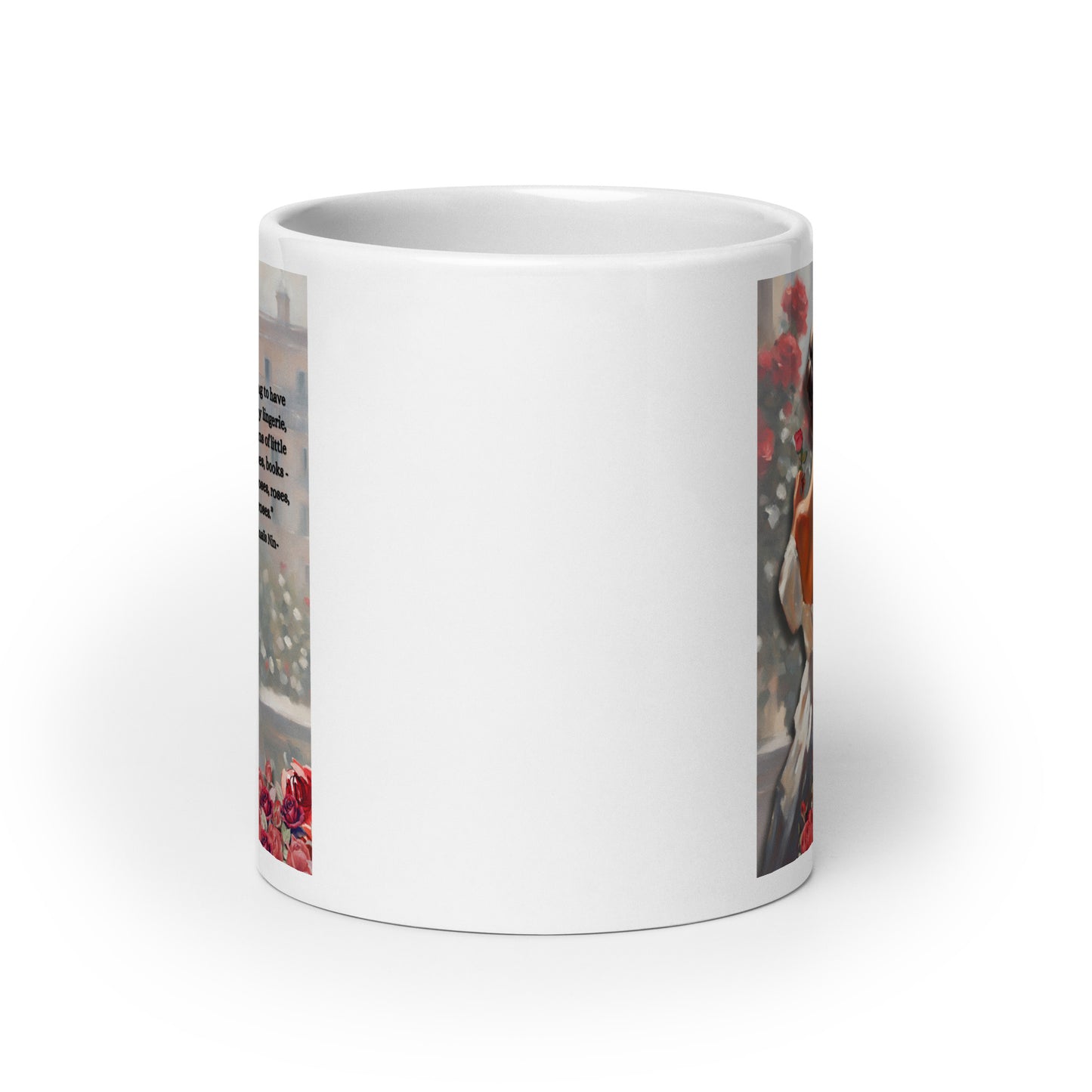 'Roses' white glossy mug with impressionist style artwork and quote by diarist Anaïs Nin