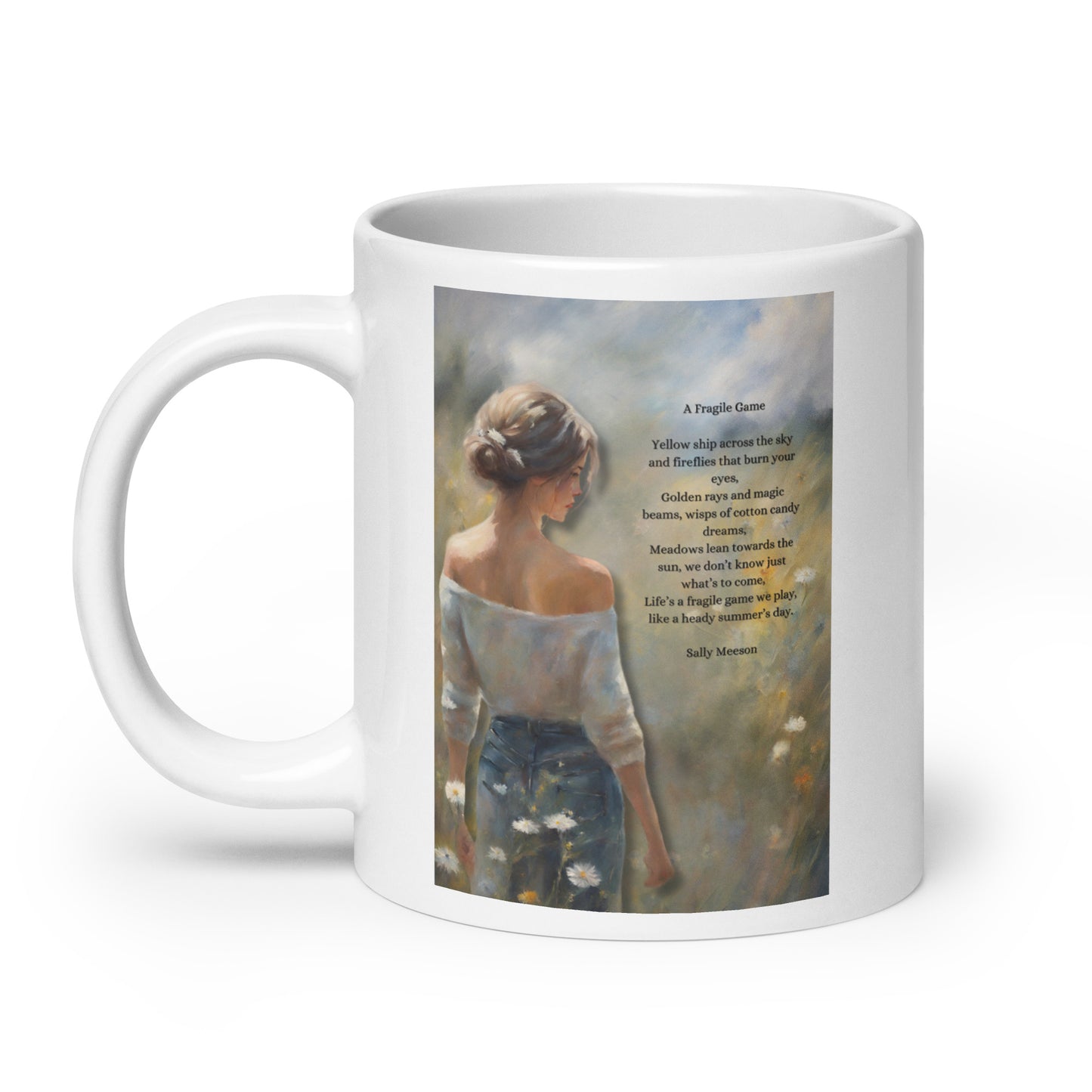 'A Fragile Game' white glossy mug with impressionist style artwork and original poem by writer Sally Meeson