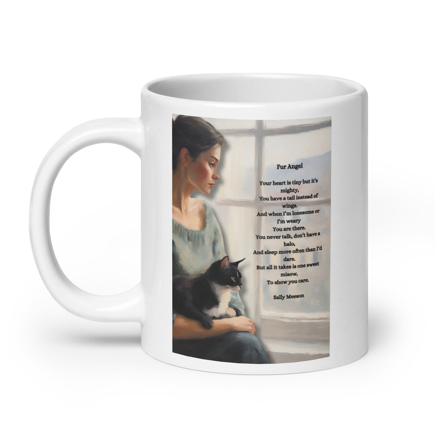 'Fur Angel' white glossy mug with impressionist oil style artwork and original poem by writer Sally Meeson