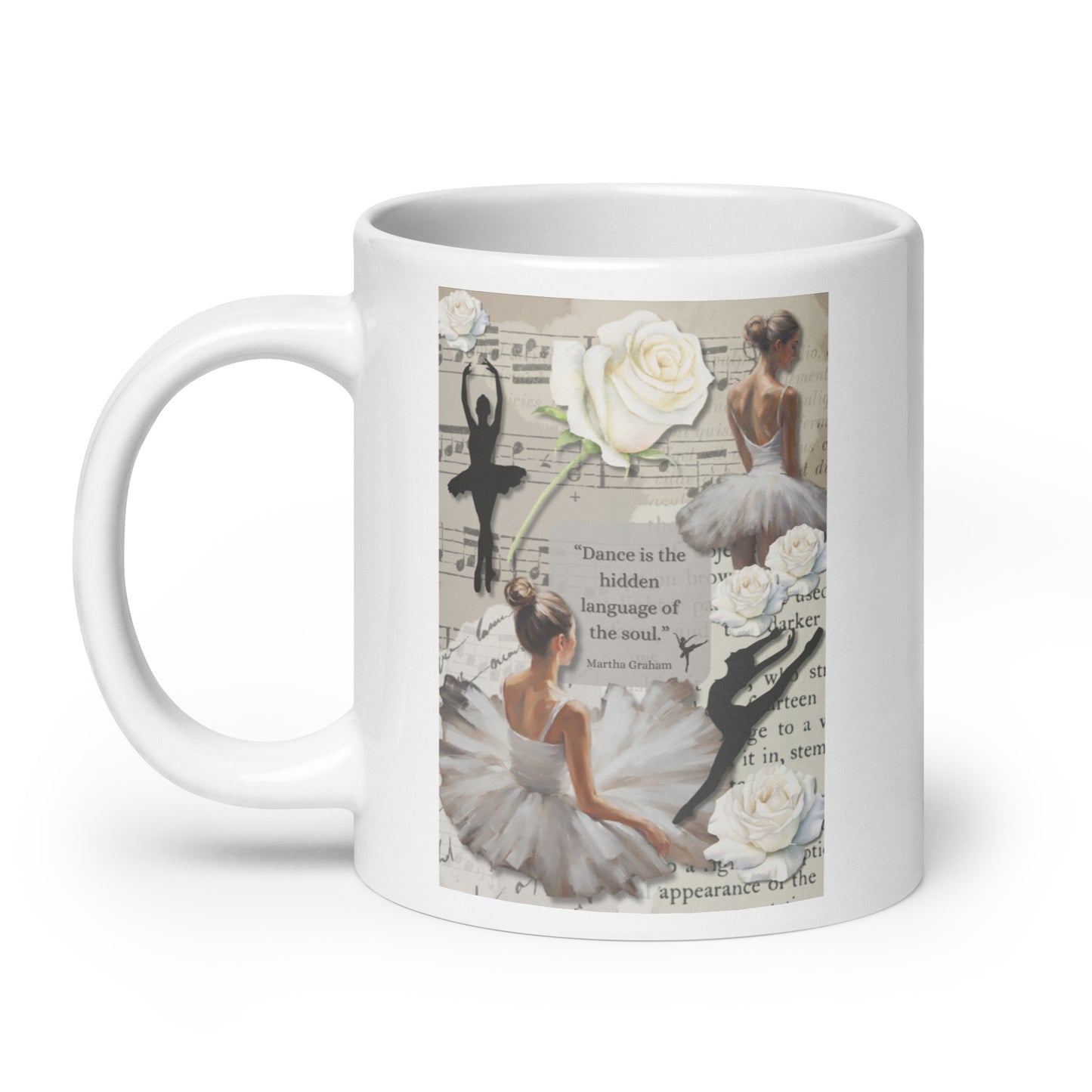 'Dance' white glossy mug with impressionist oil style artwork and quote from dancer Martha Graham