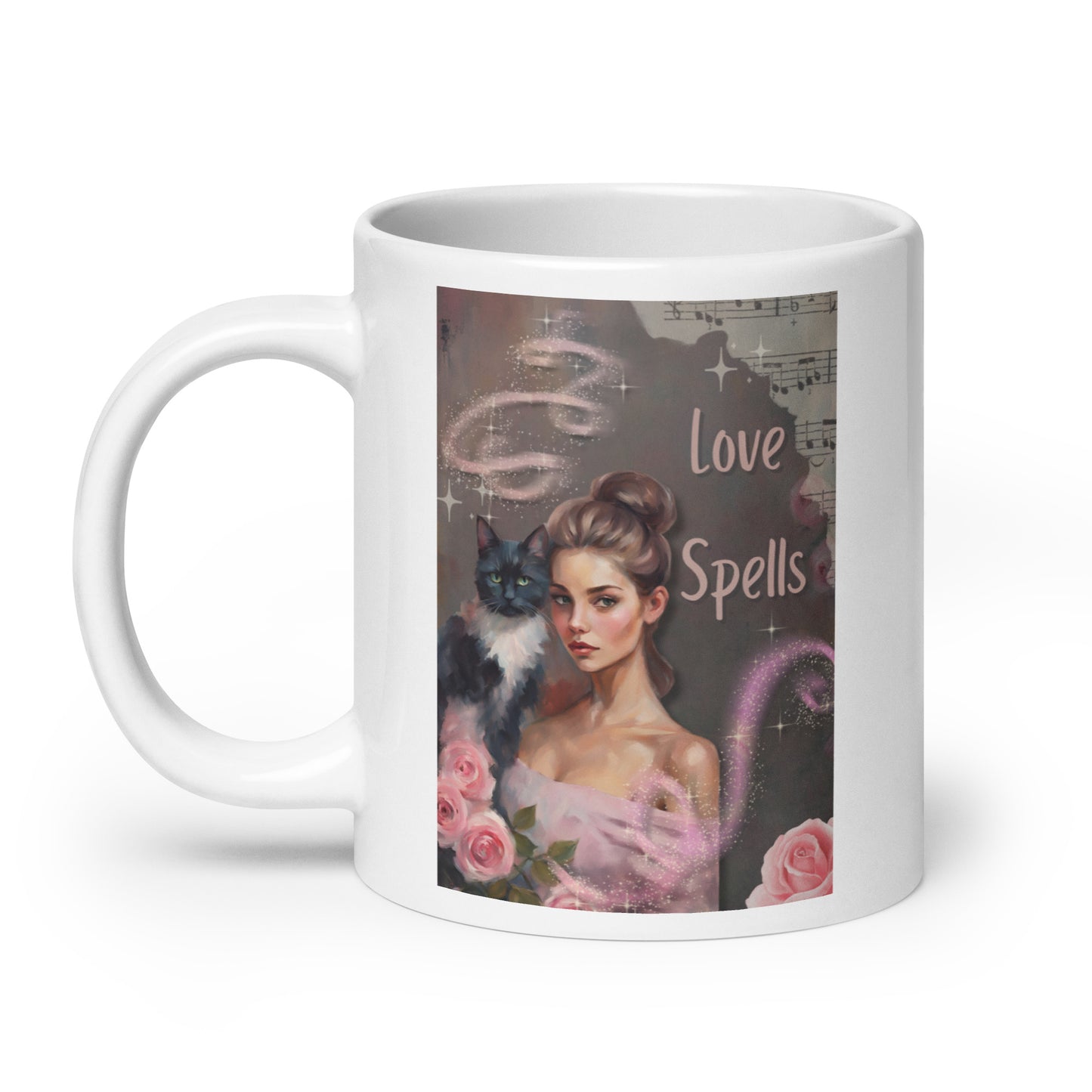 'Love Spells' white glossy mug with impressionist oil style artwork