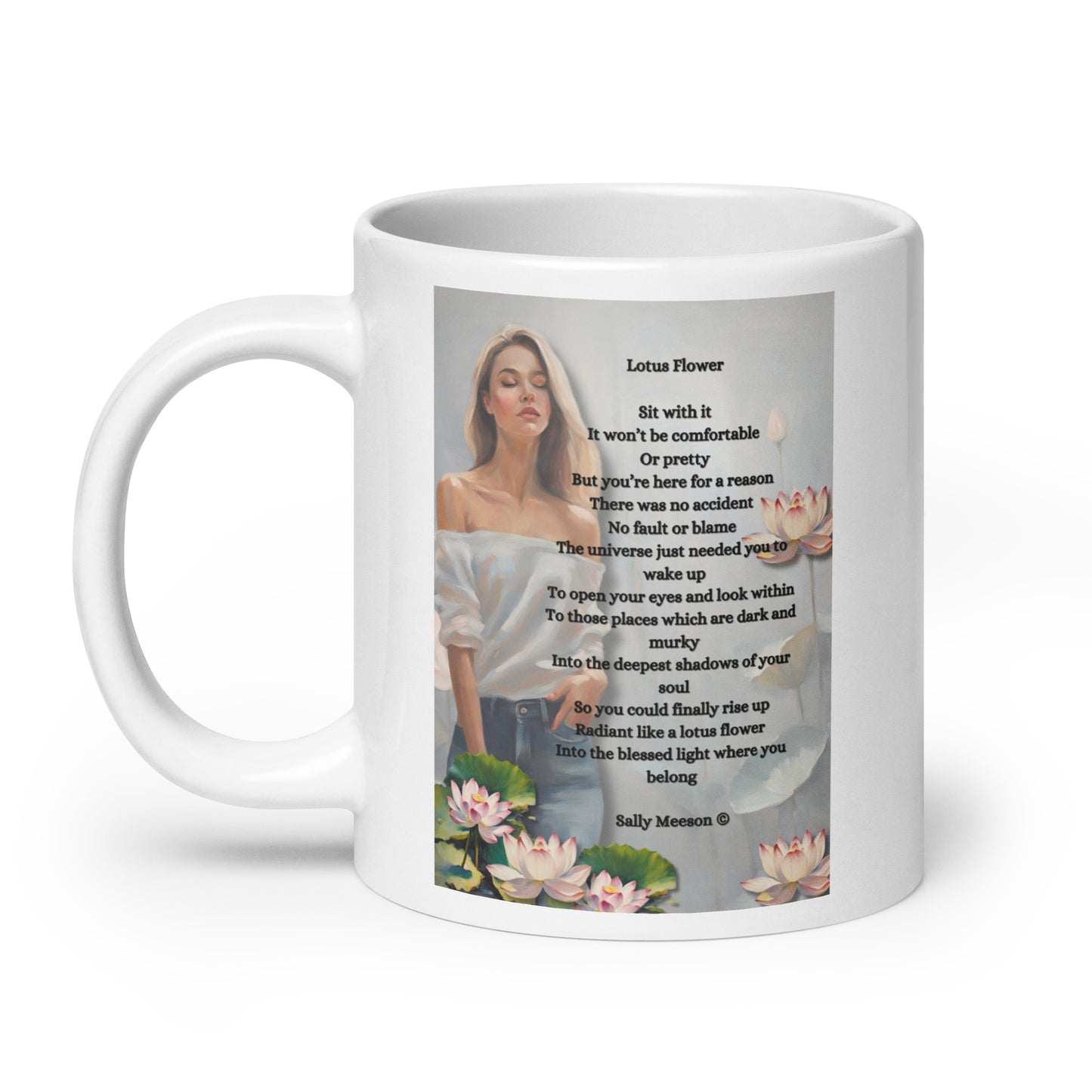 'Lotus Flower' white glossy mug with impressionist style artwork and original poem by writer Sally Meeson