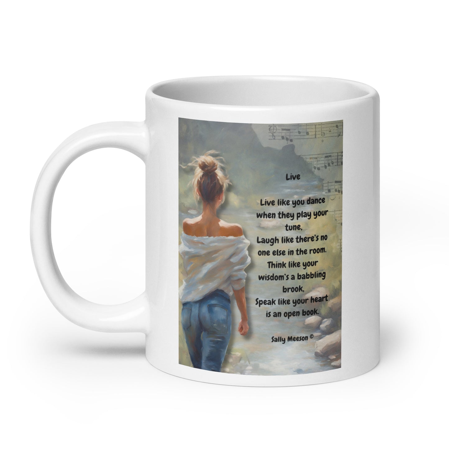 'Live' white glossy mug with impressionist oil style artwork and original poem by writer Sally Meeson