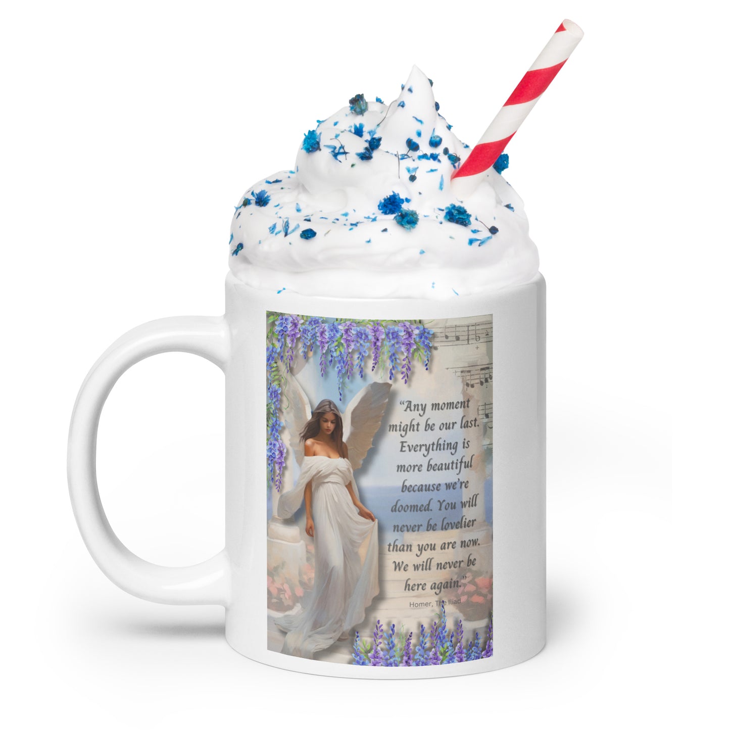 'Moments' white glossy mug with impressionist style artwork and quote from Homer's The Iliad