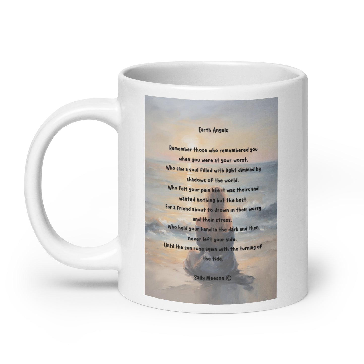 'Earth Angels' white glossy mug with impressionist oil style artwork and original poem by writer Sally Meeson