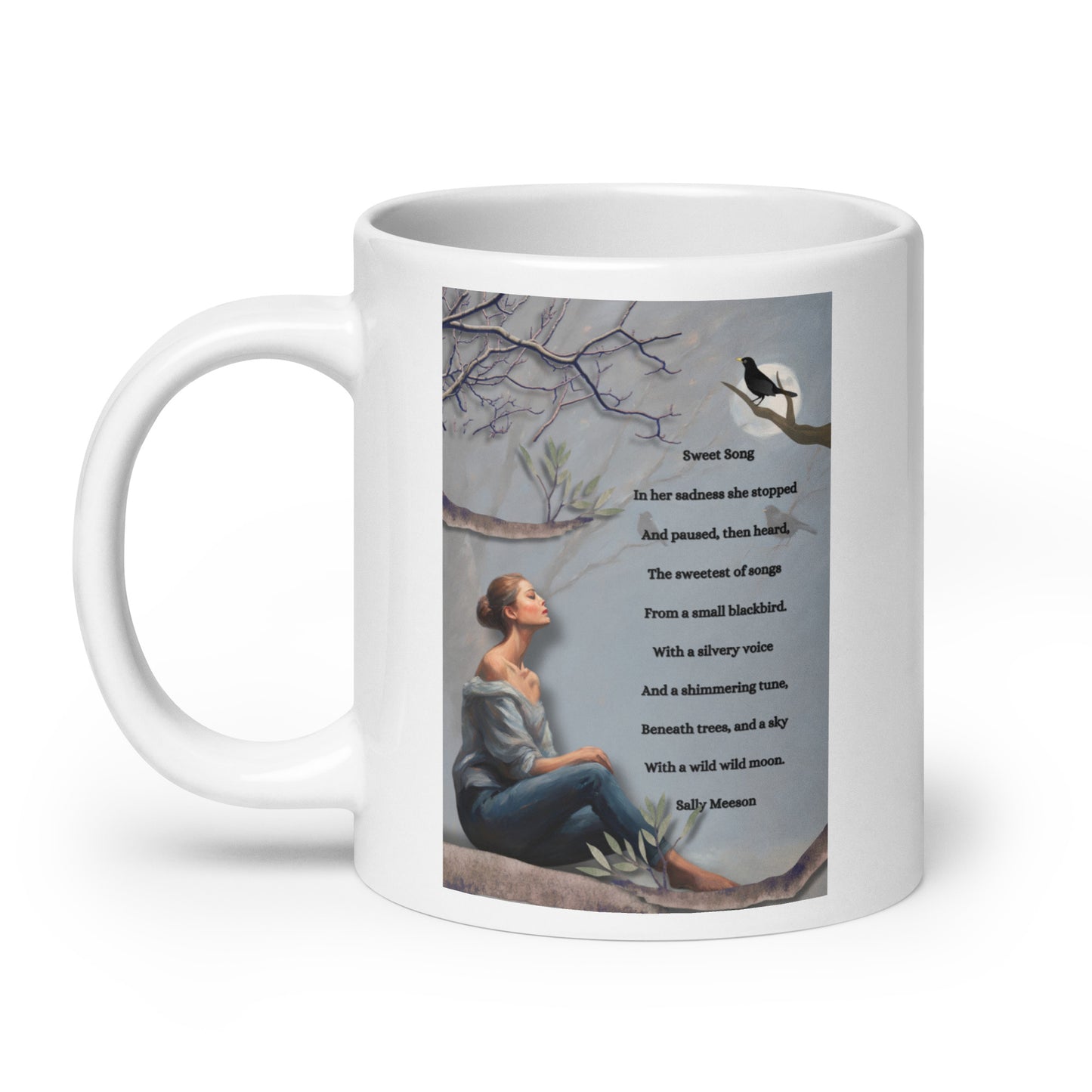 'Sweet Song' white glossy mug with impressionist oil style artwork and original poem by writer Sally Meeson