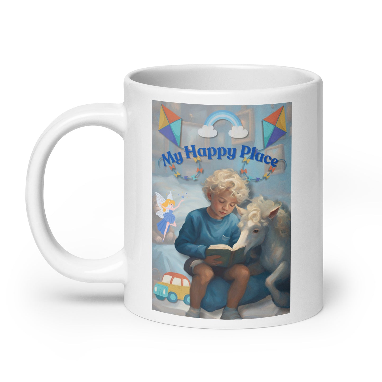 'My Happy Place' child's white glossy mug with blue impressionist oil style artwork