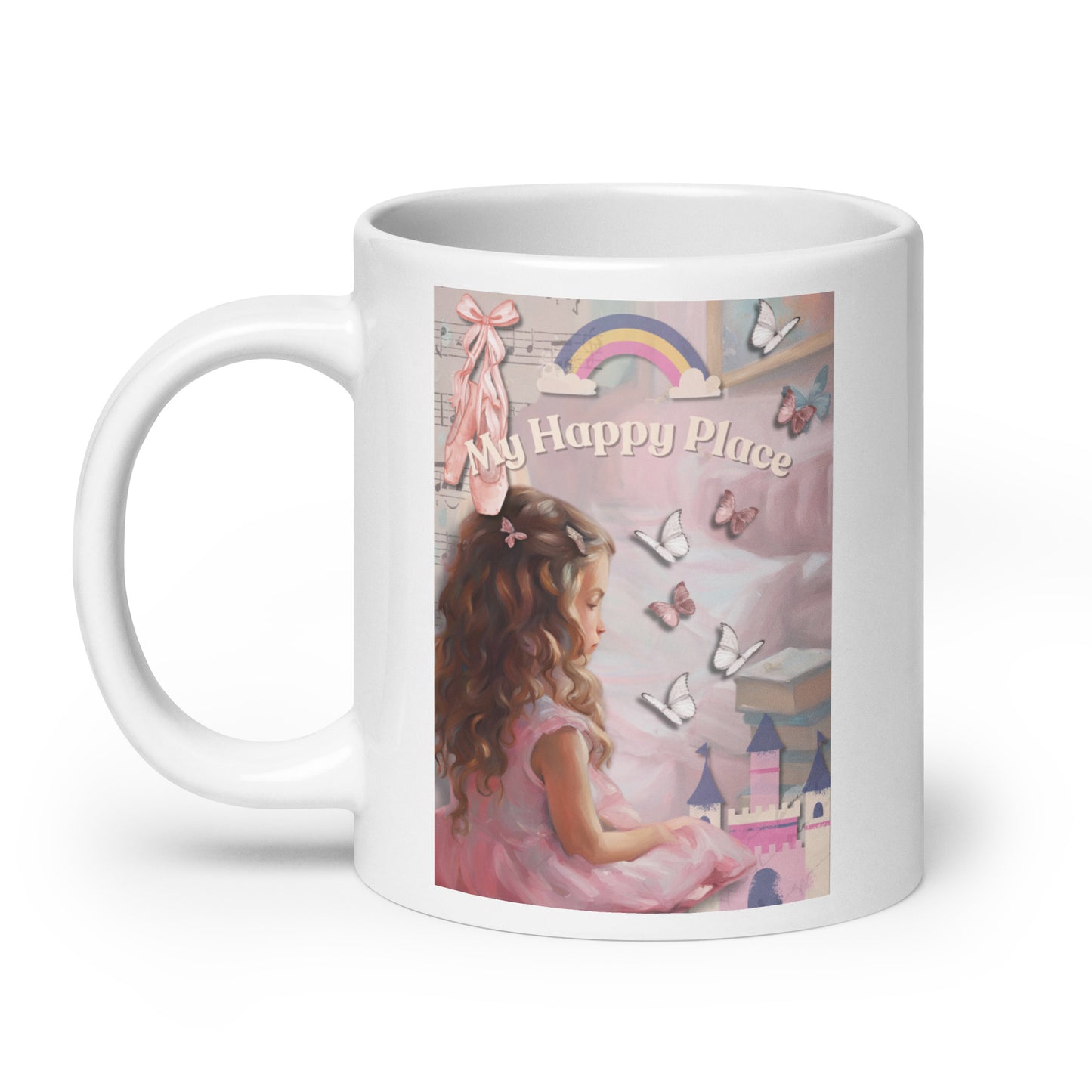 'My Happy Place' white glossy mug with pink impressionist oil style artwork