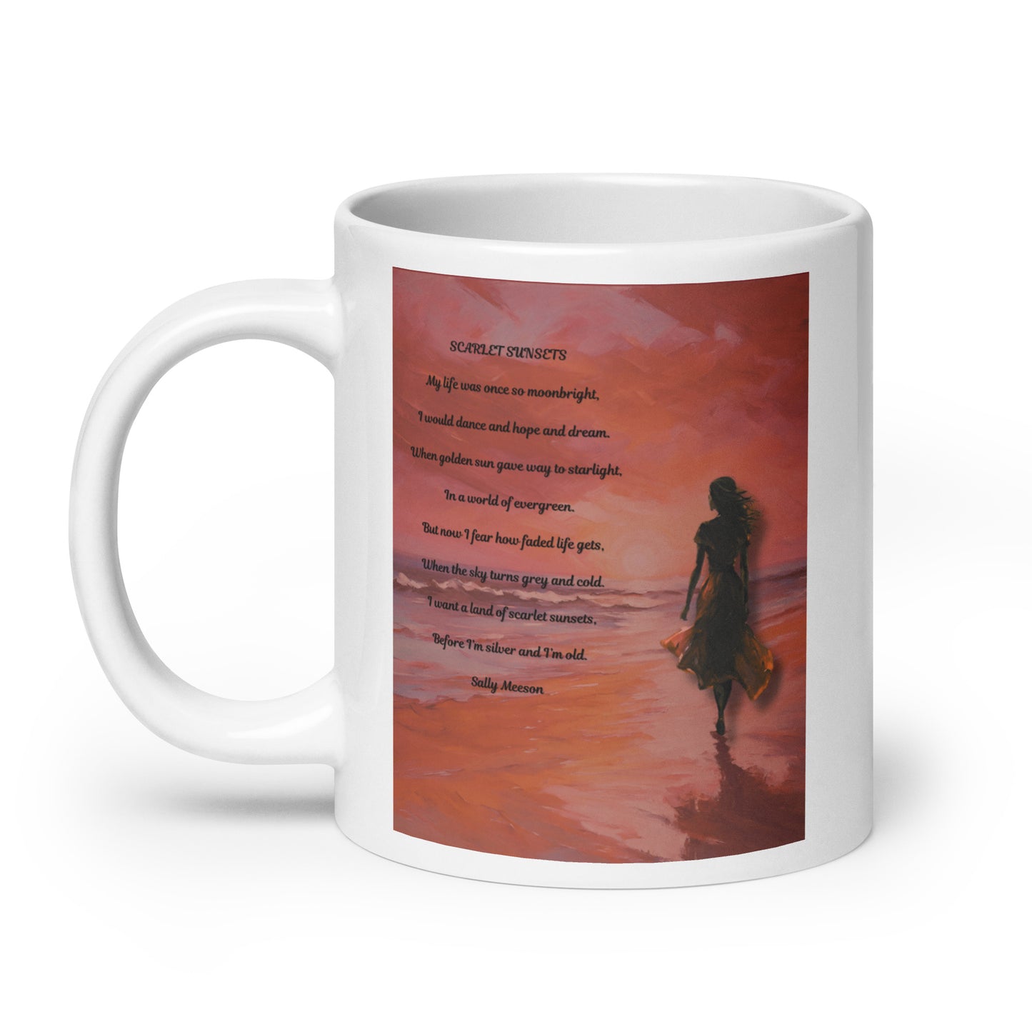 'Scarlet Sunsets' white glossy mug with impressionist style artwork and original poem by writer Sally Meeson