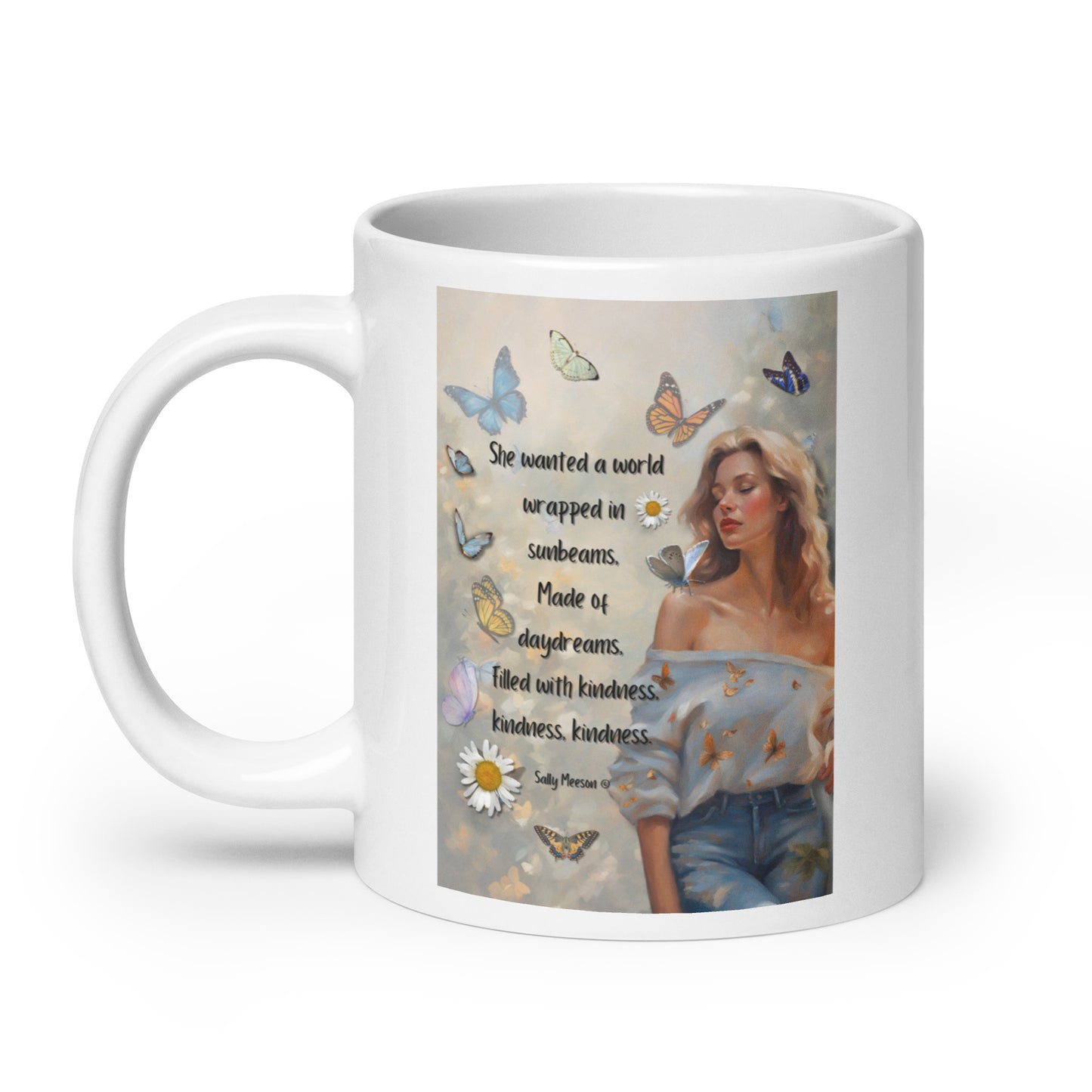 'Kindness' white glossy mug with impressionist oil style artwork and quote by writer Sally Meeson