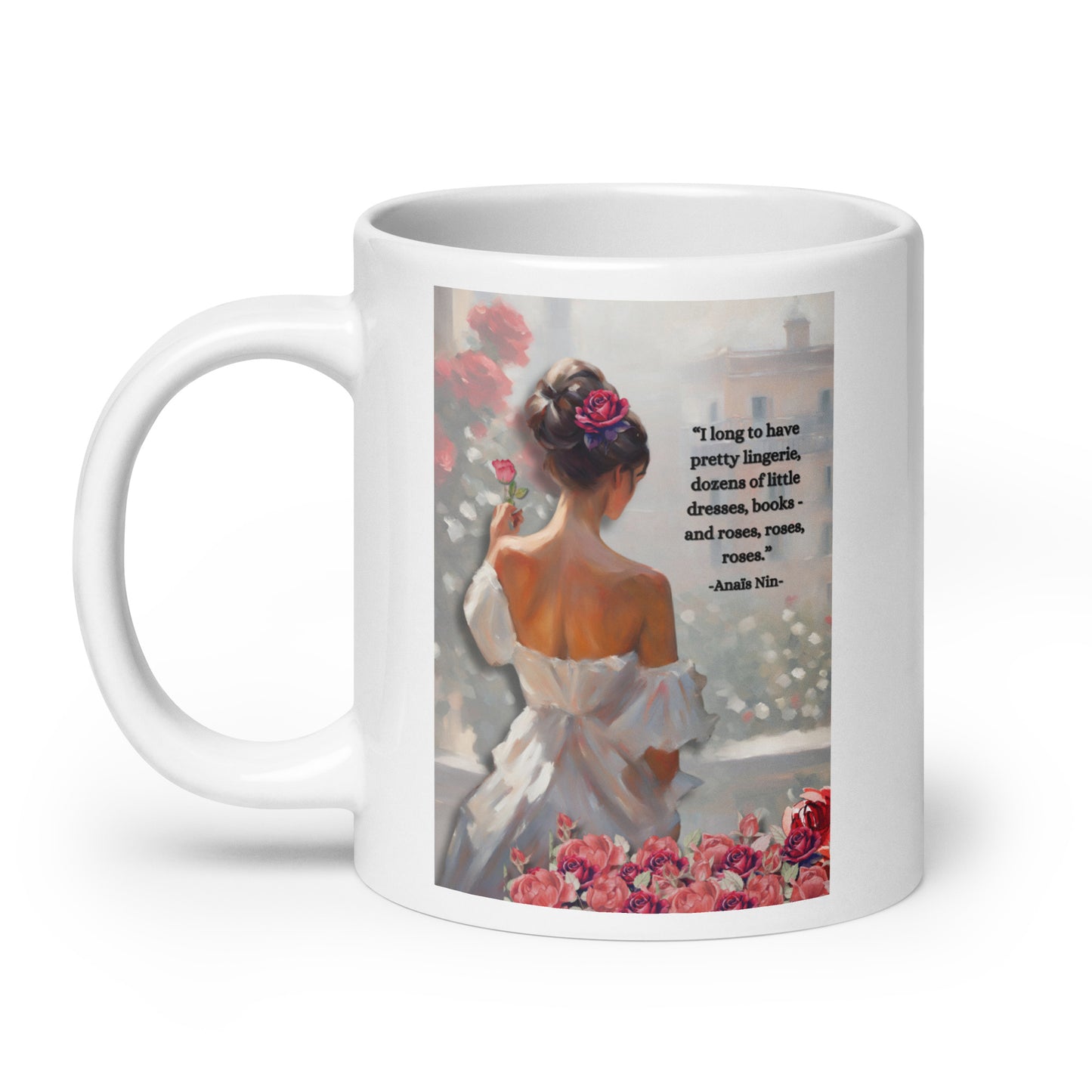 'Roses' white glossy mug with impressionist style artwork and quote by diarist Anaïs Nin