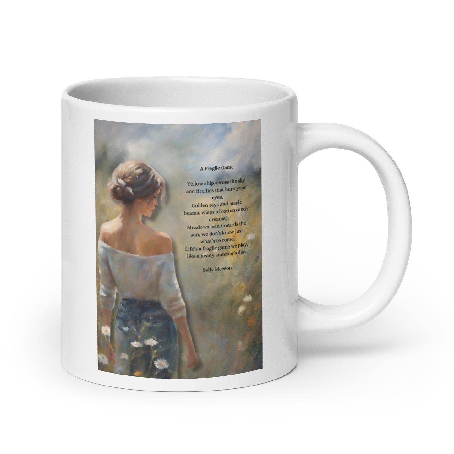 'A Fragile Game' white glossy mug with impressionist style artwork and original poem by writer Sally Meeson