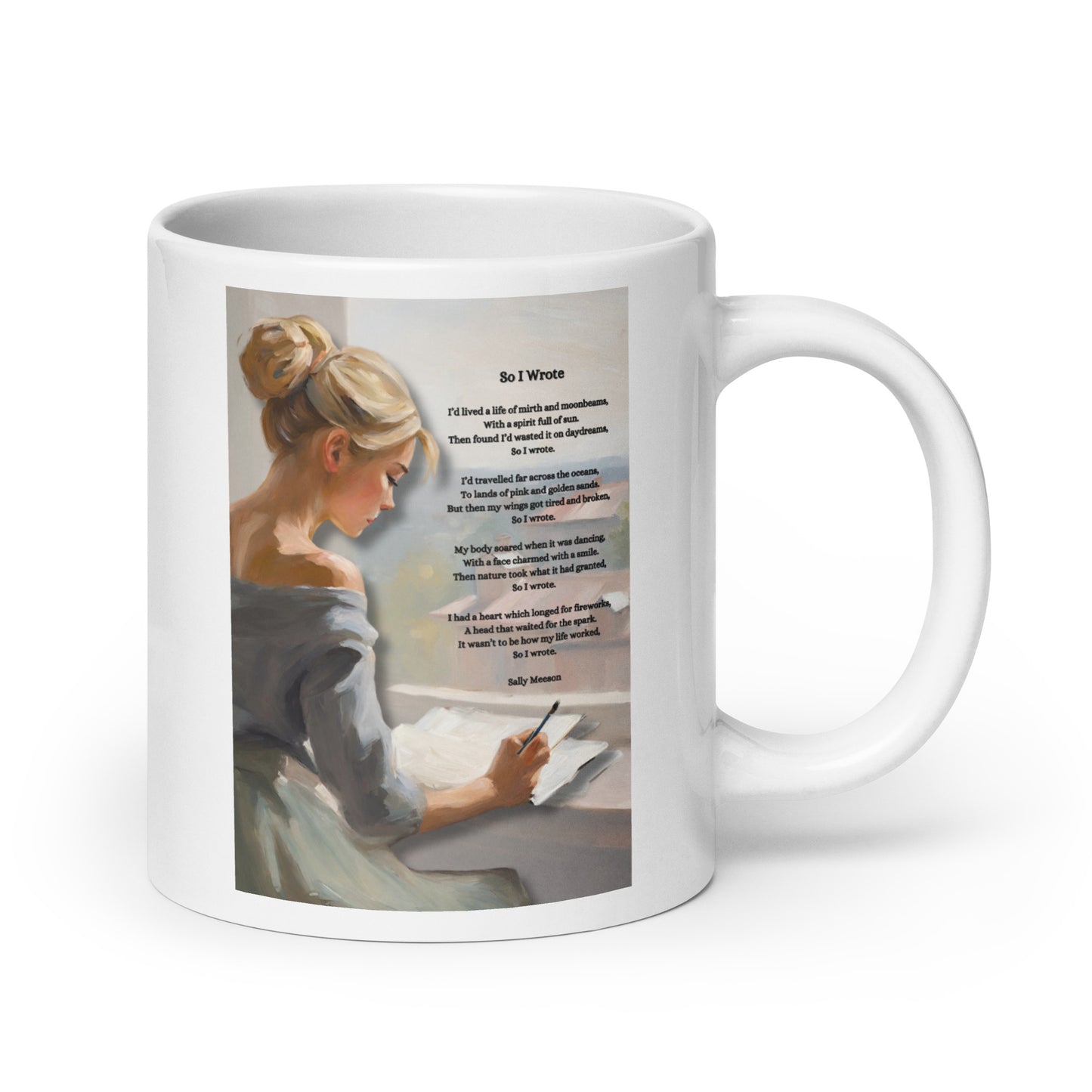 'So I Wrote' white glossy mug with impressionist style artwork and original poem by writer Sally Meeson