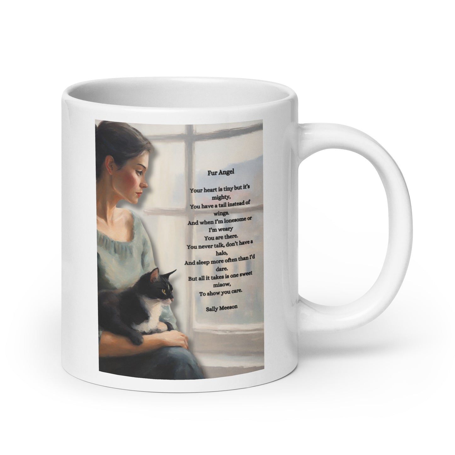 'Fur Angel' white glossy mug with impressionist oil style artwork and original poem by writer Sally Meeson