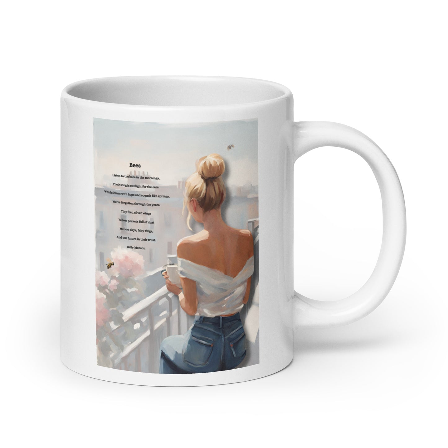 'Bees' white glossy mug with impressionist style artwork and original poem by writer Sally Meeson