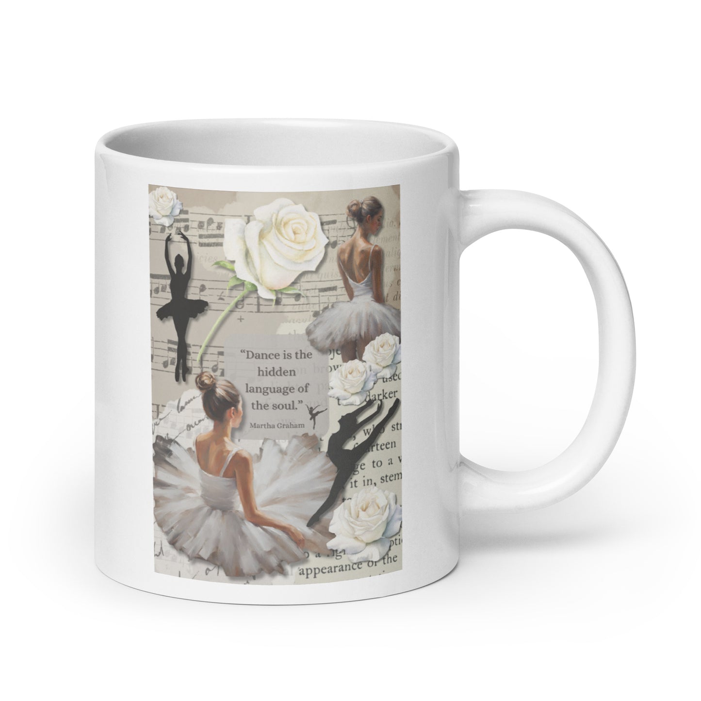 'Dance' white glossy mug with impressionist oil style artwork and quote from dancer Martha Graham