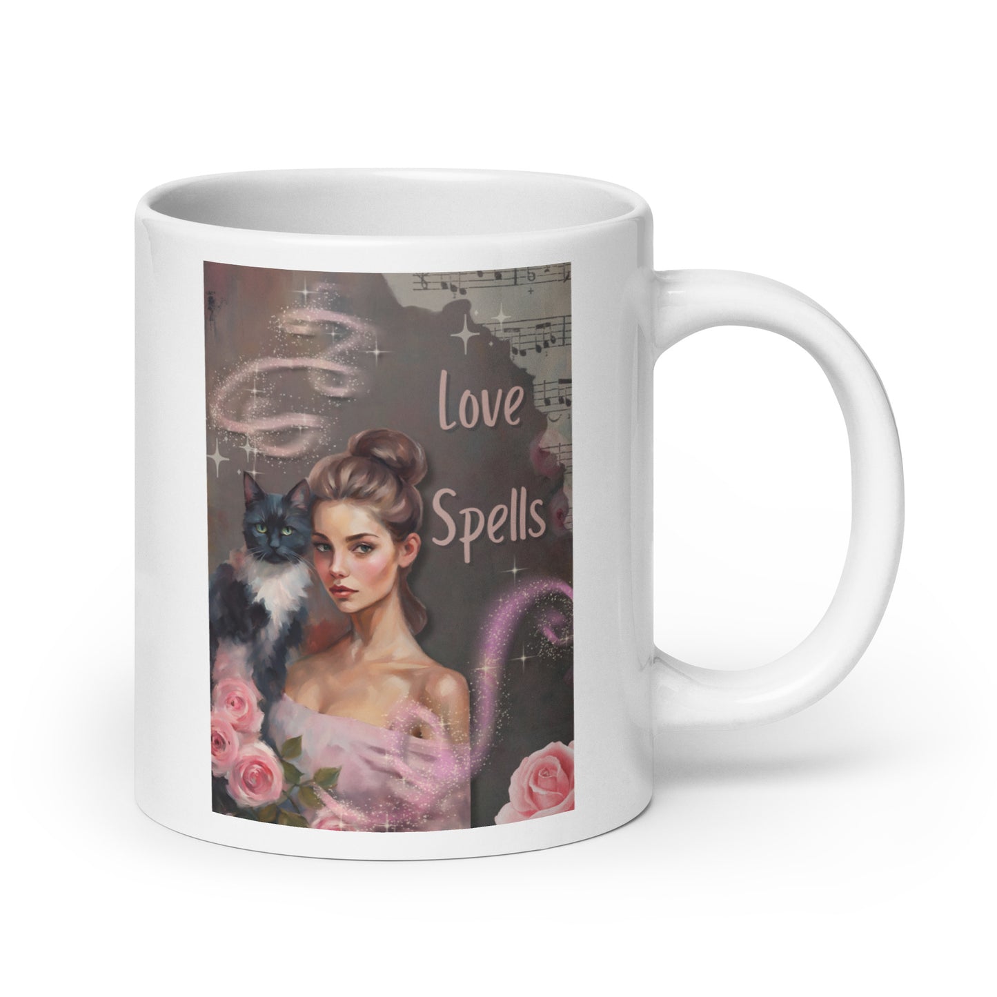 'Love Spells' white glossy mug with impressionist oil style artwork