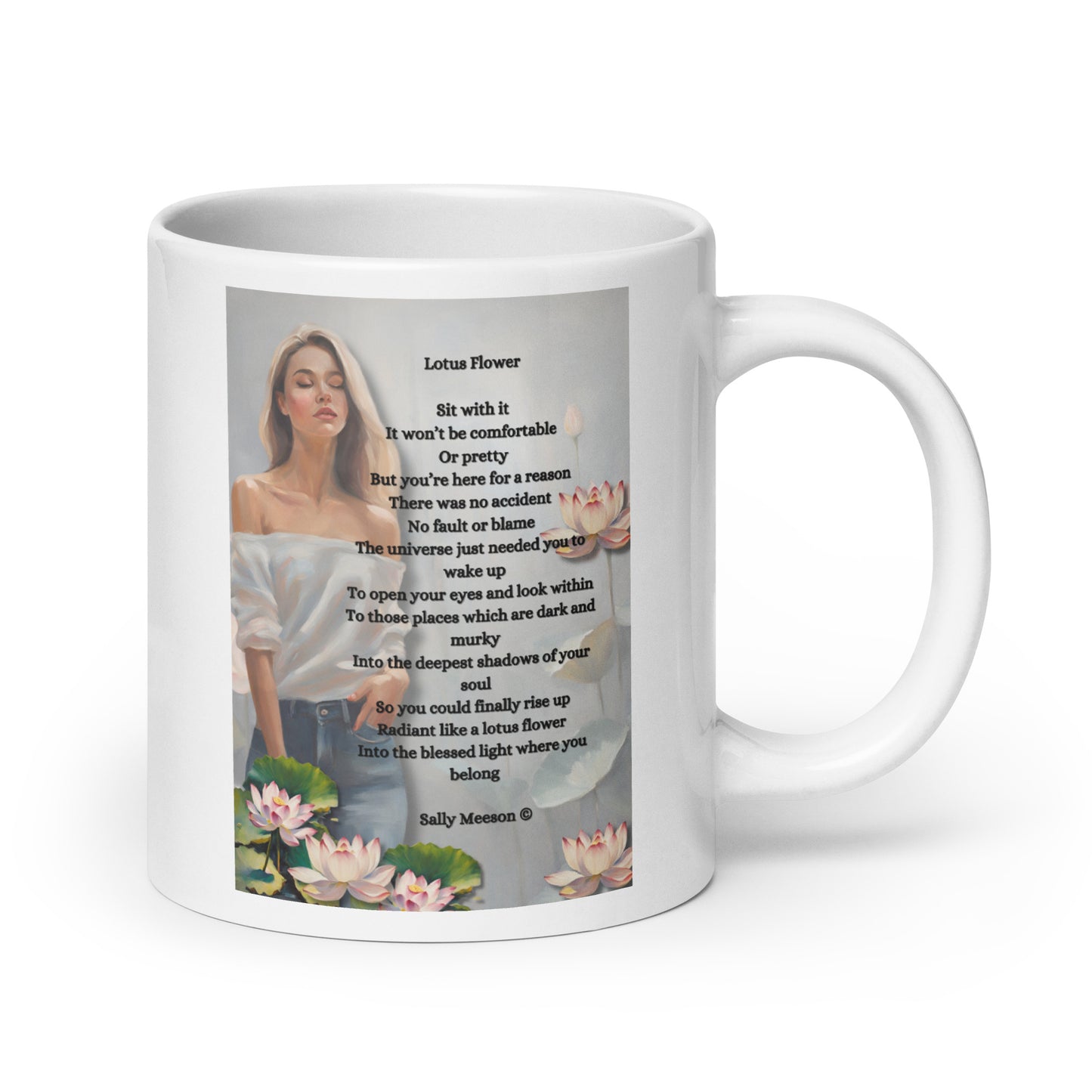 'Lotus Flower' white glossy mug with impressionist style artwork and original poem by writer Sally Meeson