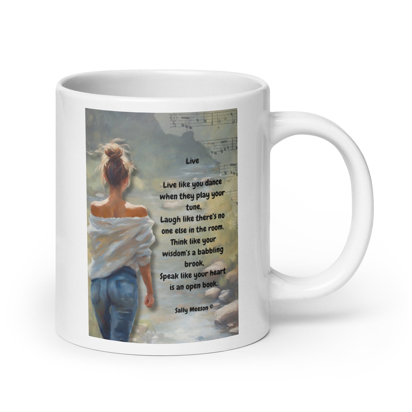 'Live' white glossy mug with impressionist oil style artwork and original poem by writer Sally Meeson