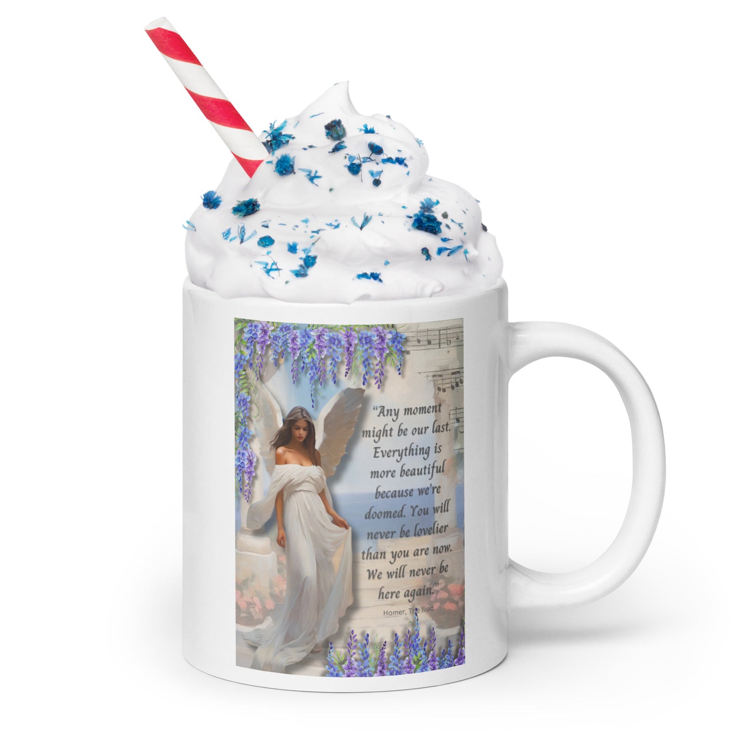 'Moments' white glossy mug with impressionist style artwork and quote from Homer's The Iliad