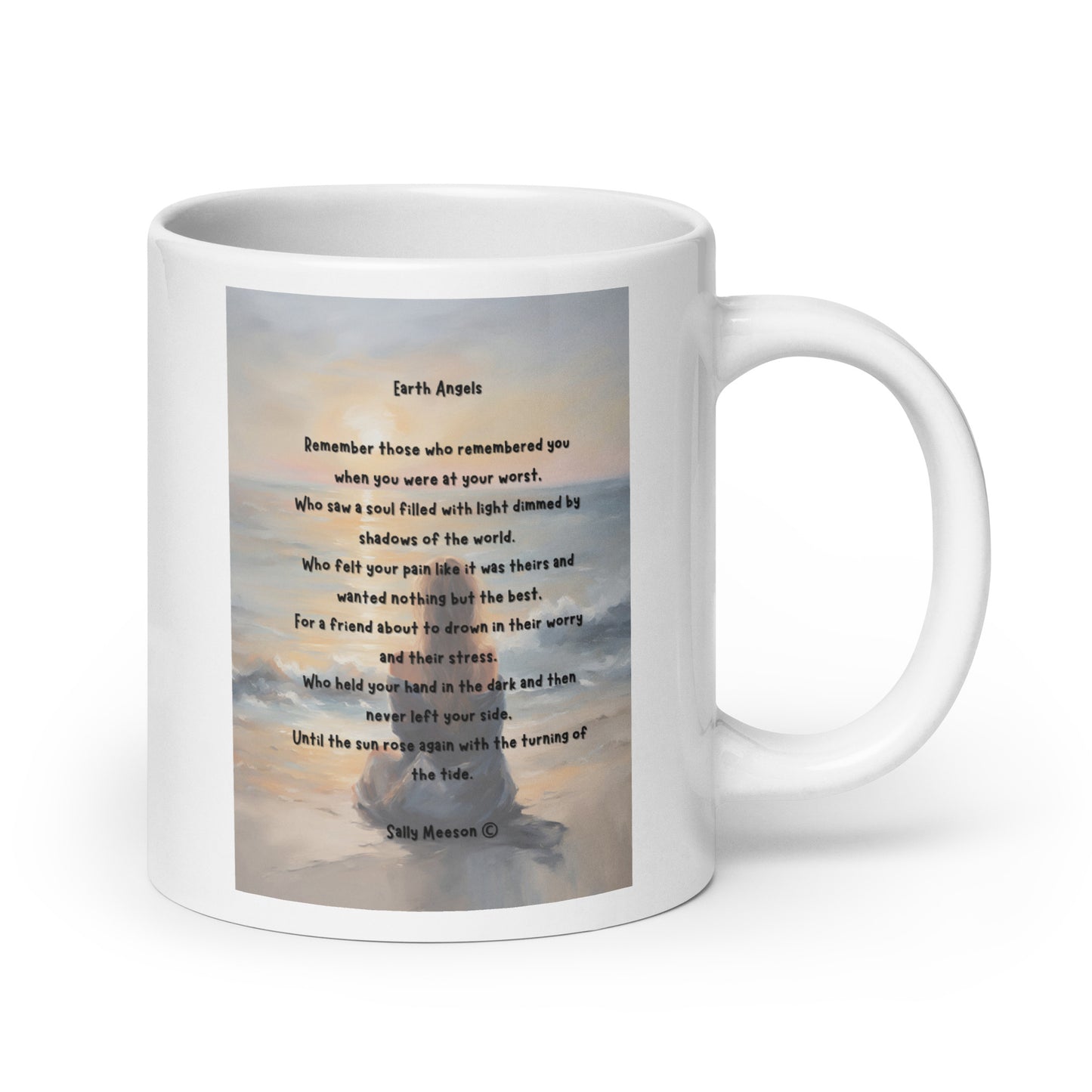 'Earth Angels' white glossy mug with impressionist oil style artwork and original poem by writer Sally Meeson