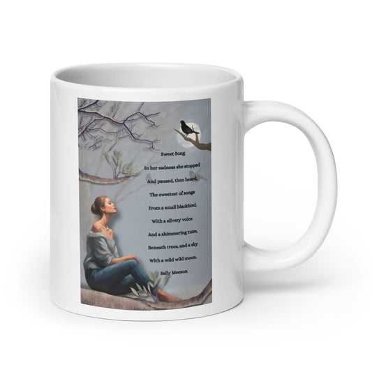 'Sweet Song' white glossy mug with impressionist oil style artwork and original poem by writer Sally Meeson