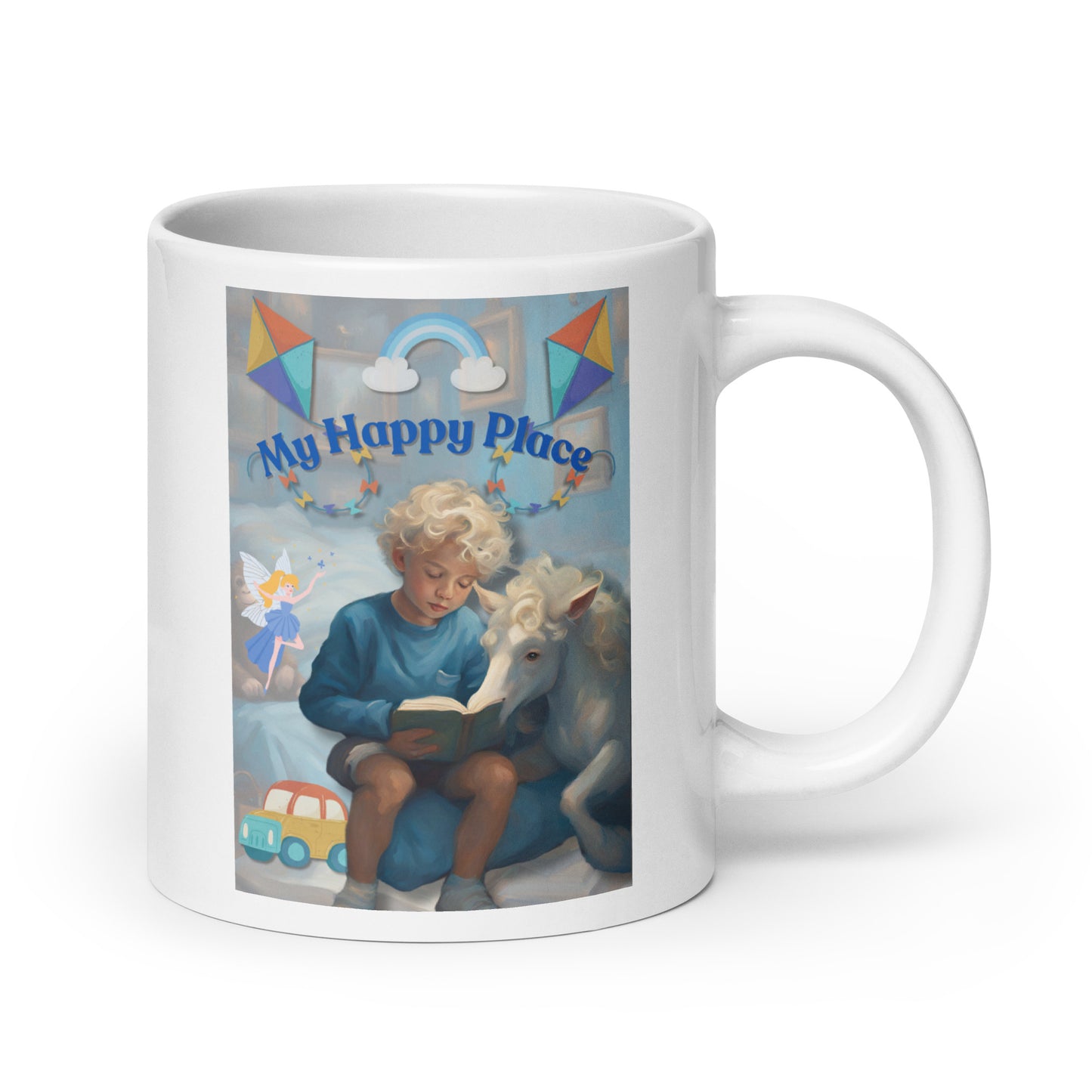 'My Happy Place' child's white glossy mug with blue impressionist oil style artwork