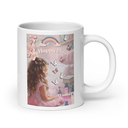 'My Happy Place' white glossy mug with pink impressionist oil style artwork