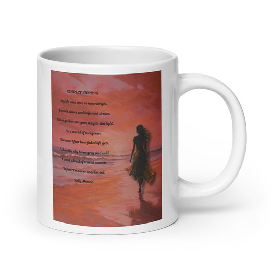 'Scarlet Sunsets' white glossy mug with impressionist style artwork and original poem by writer Sally Meeson