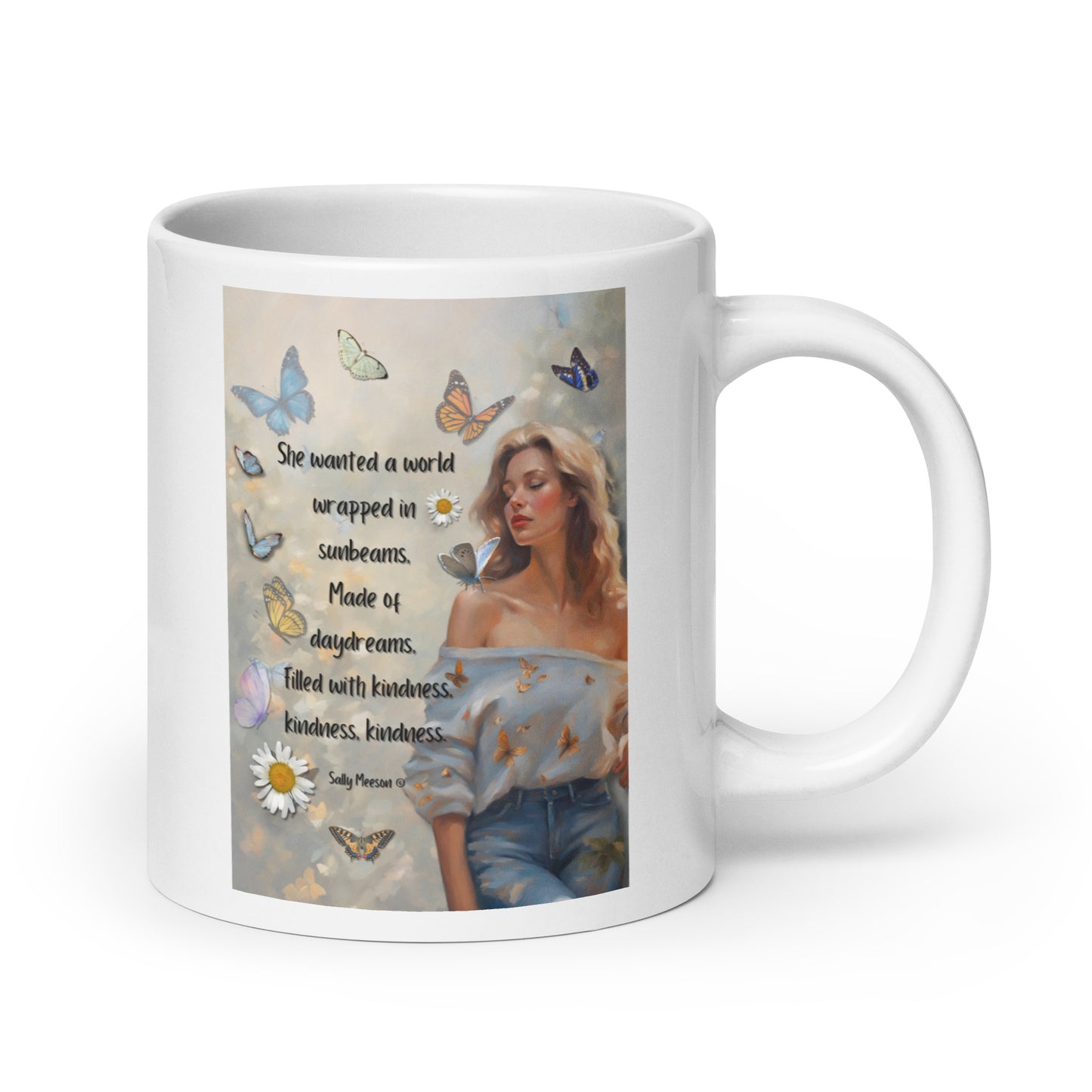 'Kindness' white glossy mug with impressionist oil style artwork and quote by writer Sally Meeson