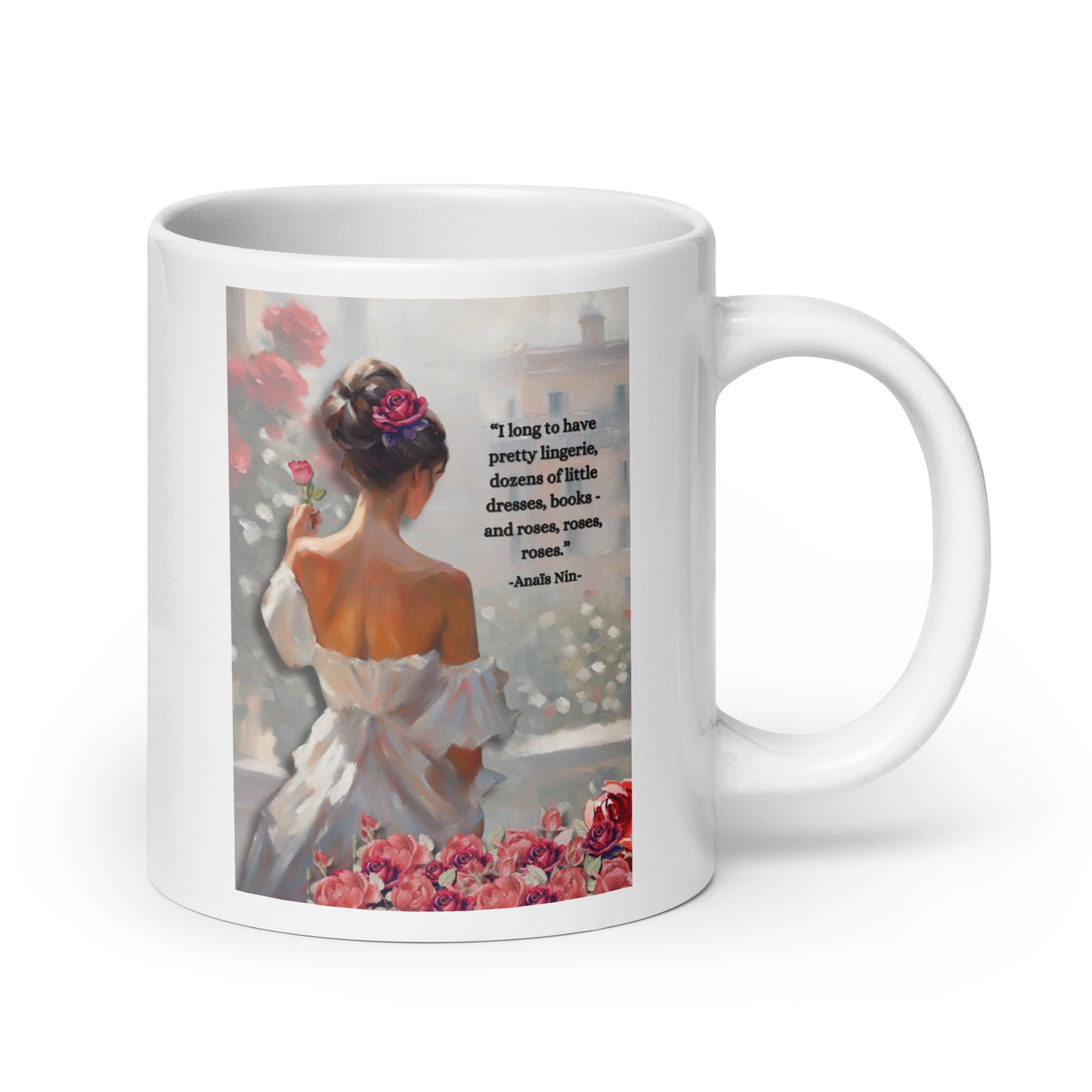 'Roses' white glossy mug with impressionist style artwork and quote by diarist Anaïs Nin