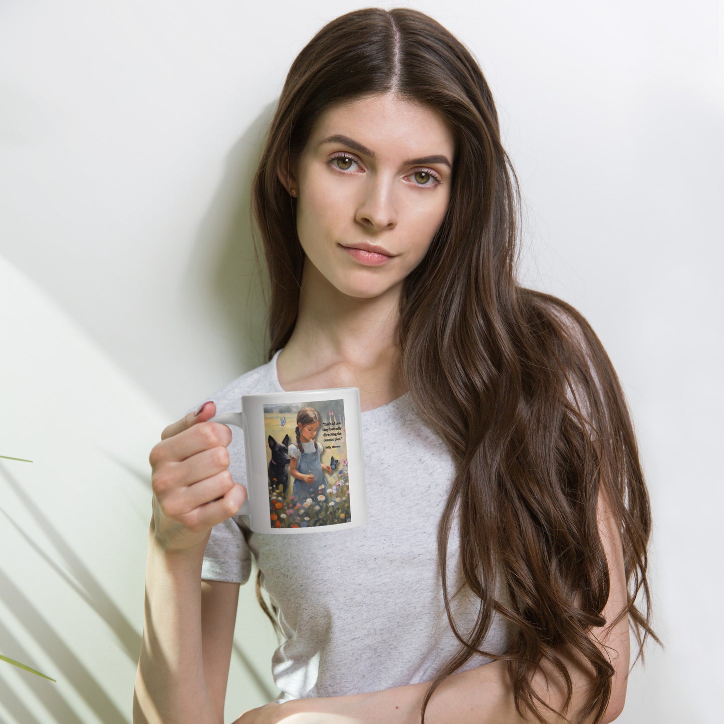'Tiny Butterfly' white glossy mug with impressionist oil style artwork and quote by writer Sally Meeson